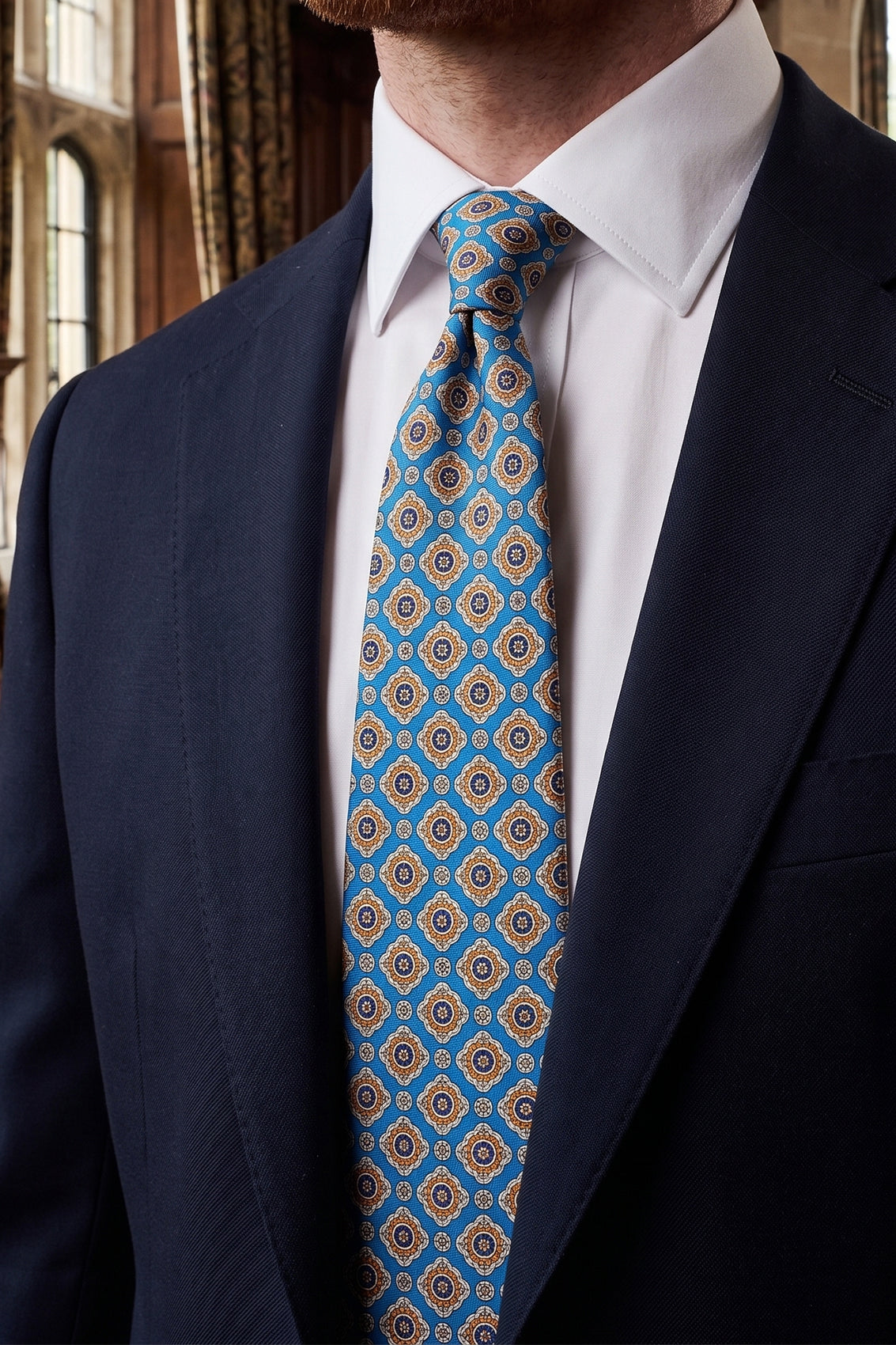 Cyan Geometric Pattern Silk Tie