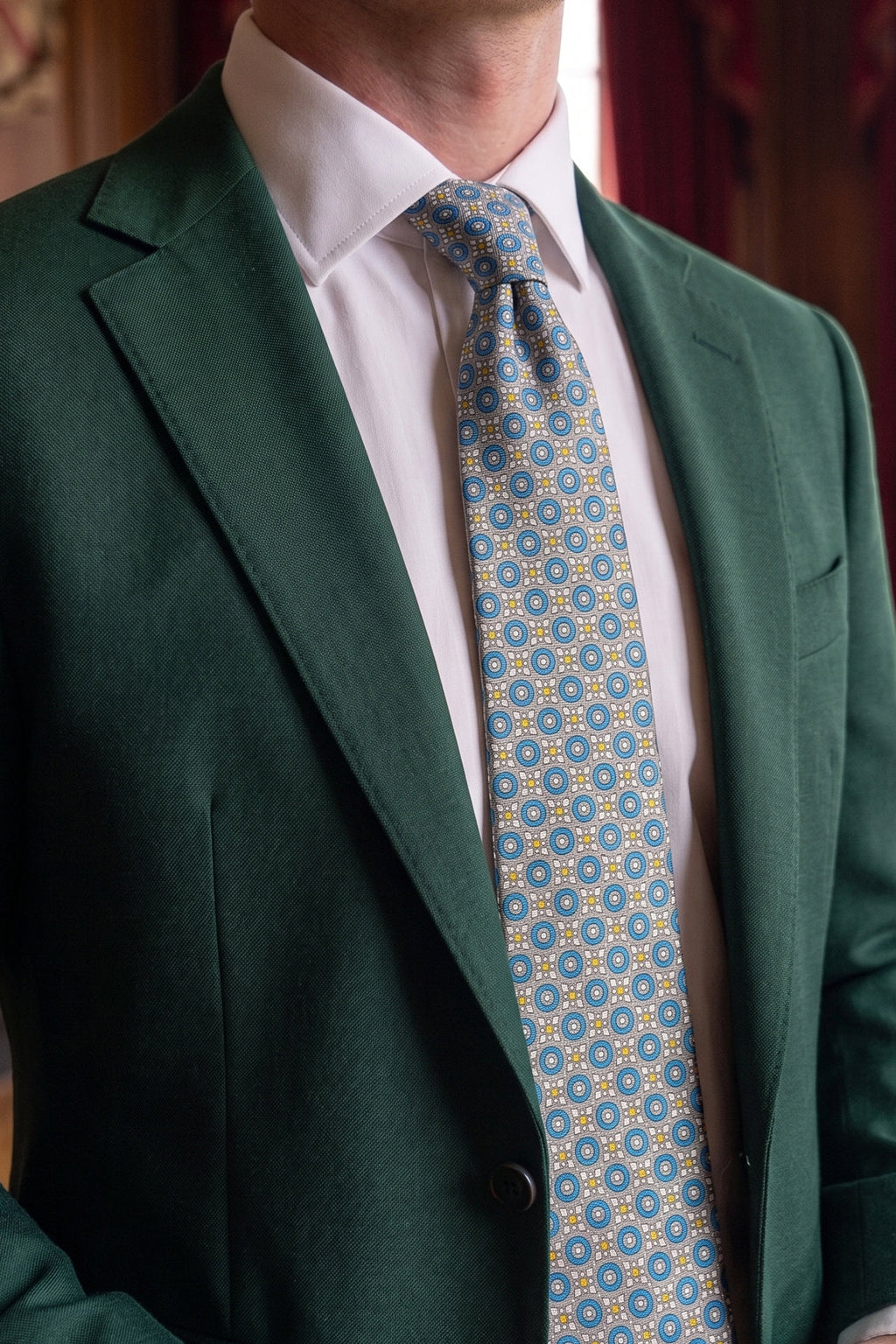 Blue Yellow Geometric Print Silk Tie