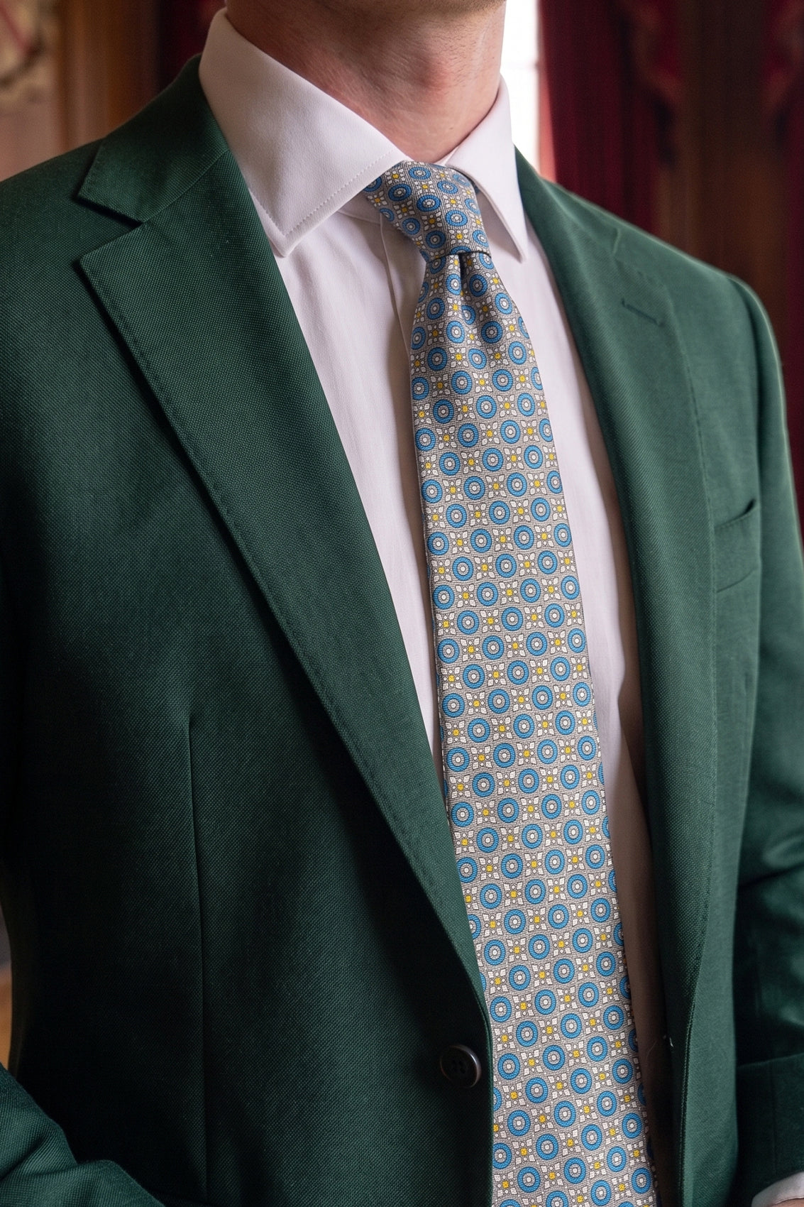 Blue Yellow Geometric Print Silk Tie