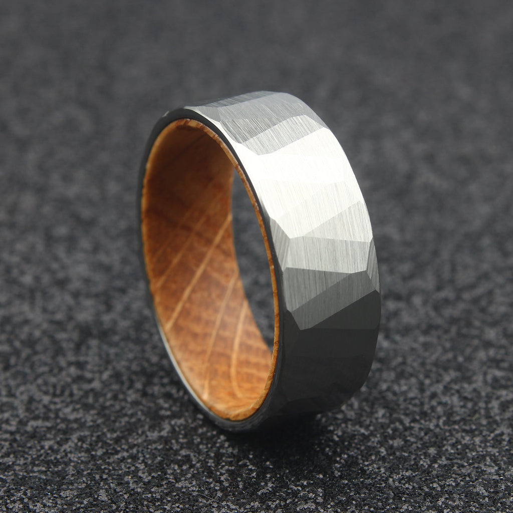 The Leo - 8mm Brushed Hammered Tungsten & Whisky Barrel Wood Ring