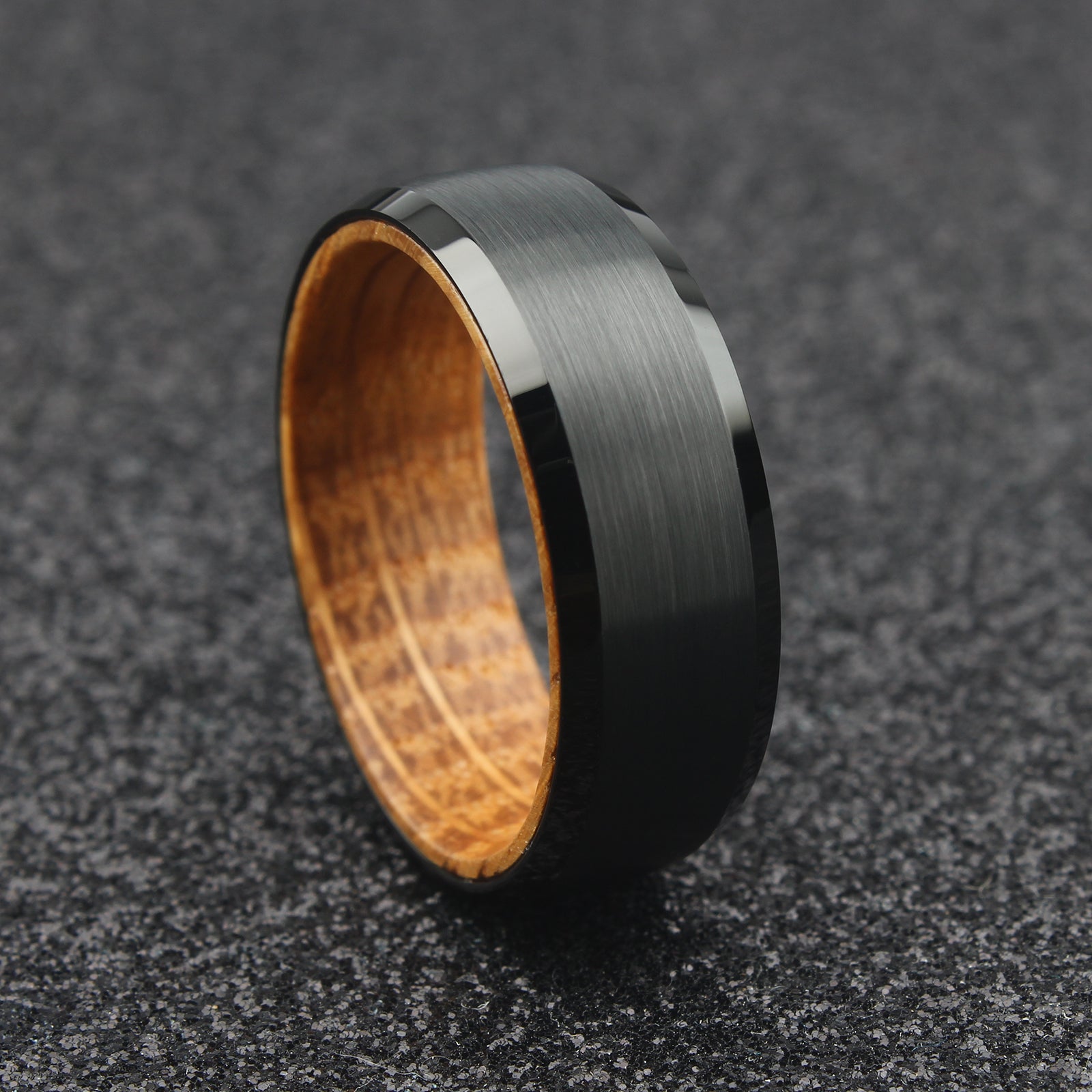 The Orion - 8mm Brushed Black Tungsten Bevelled Edge & Whisky Barrel Wood Ring