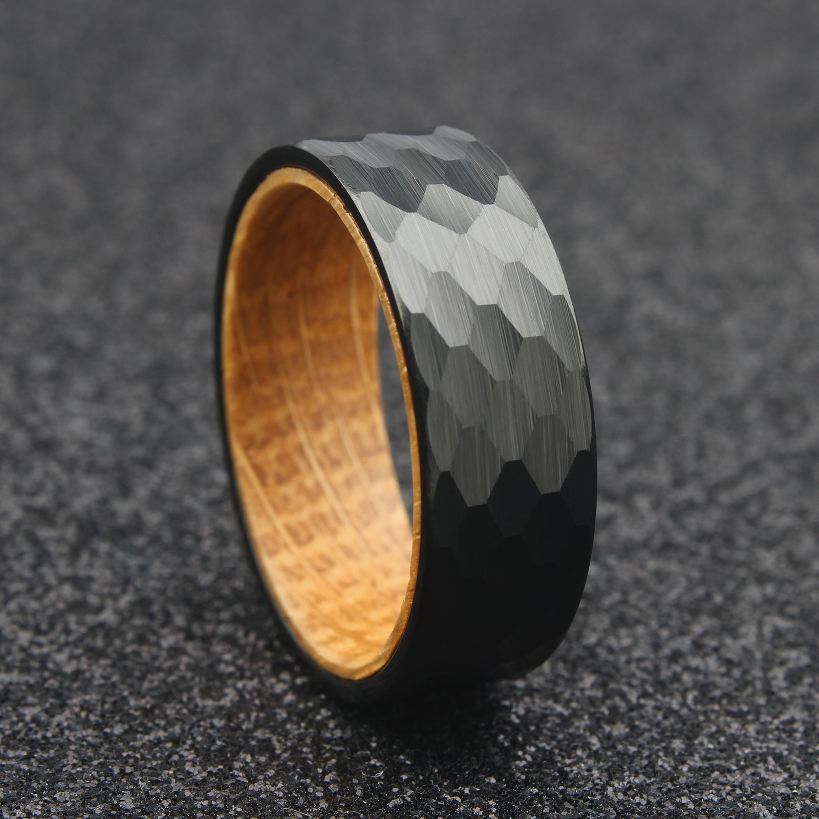 The Aquila - 8mm Hammered Brushed Black Tungsten & Whisky Barrel Wood Ring