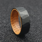 The Vega - 8mm Black Brushed Hammered Tungsten & Whisky Barrel Wood Ring