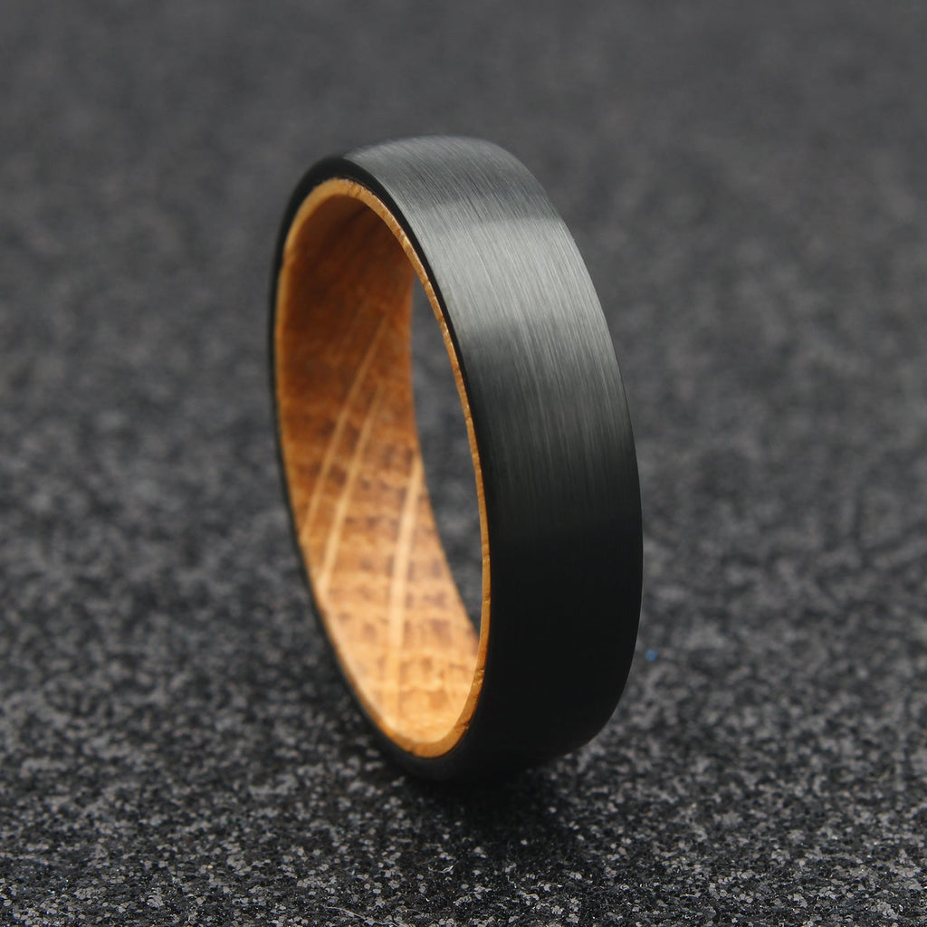 The Hercules - 6mm Brushed Black Tungsten & Whisky Barrel Wood Ring