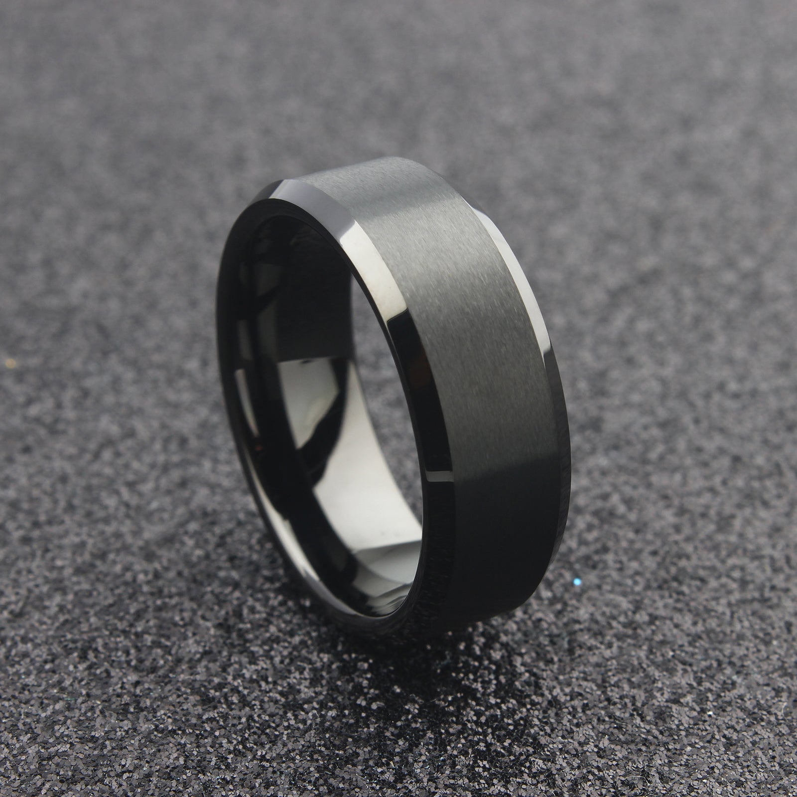 The Capella - 8mm Brushed Black Tungsten Bevelled Edge Ring