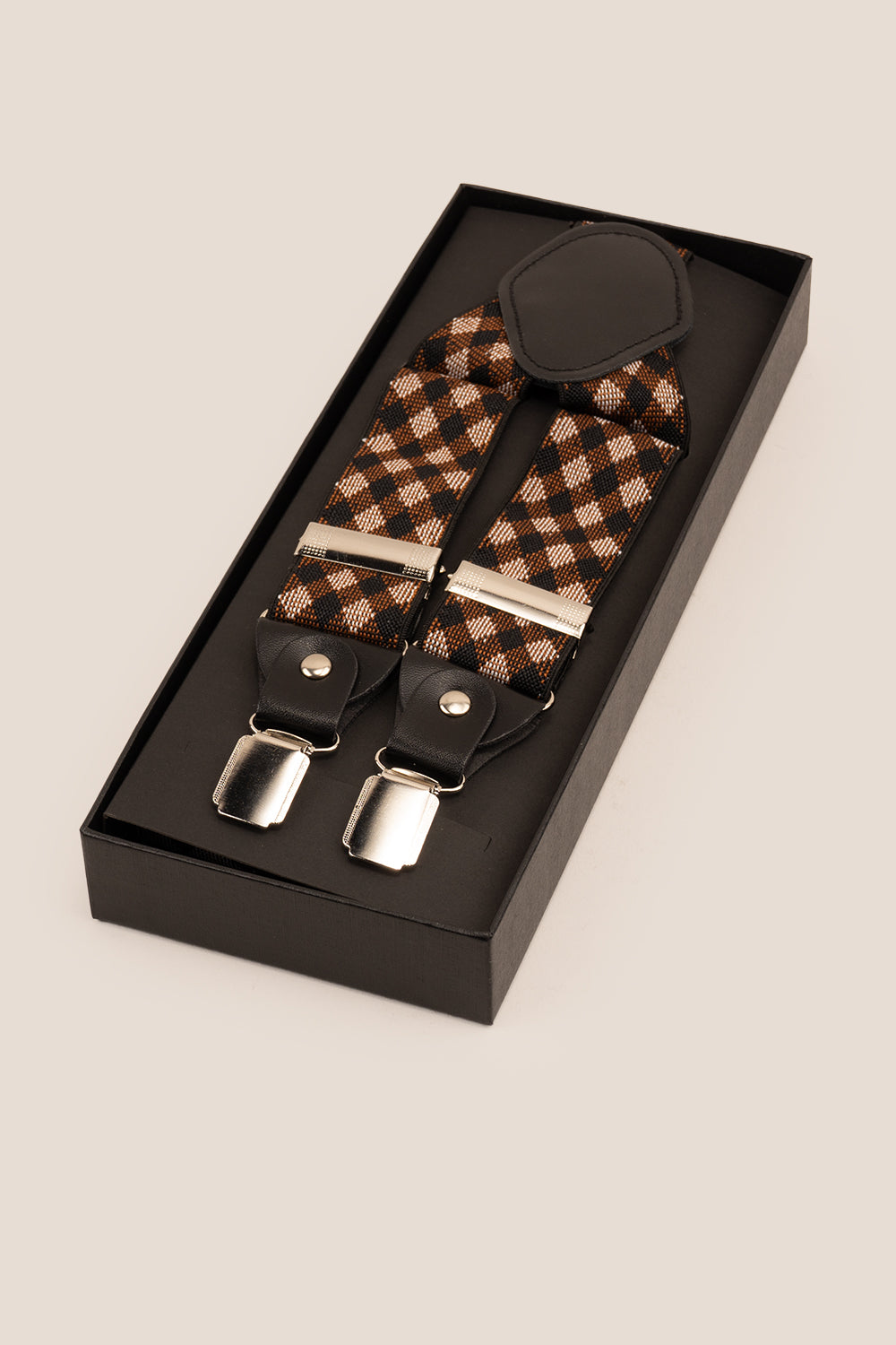 Brown Chequered Clip On Braces