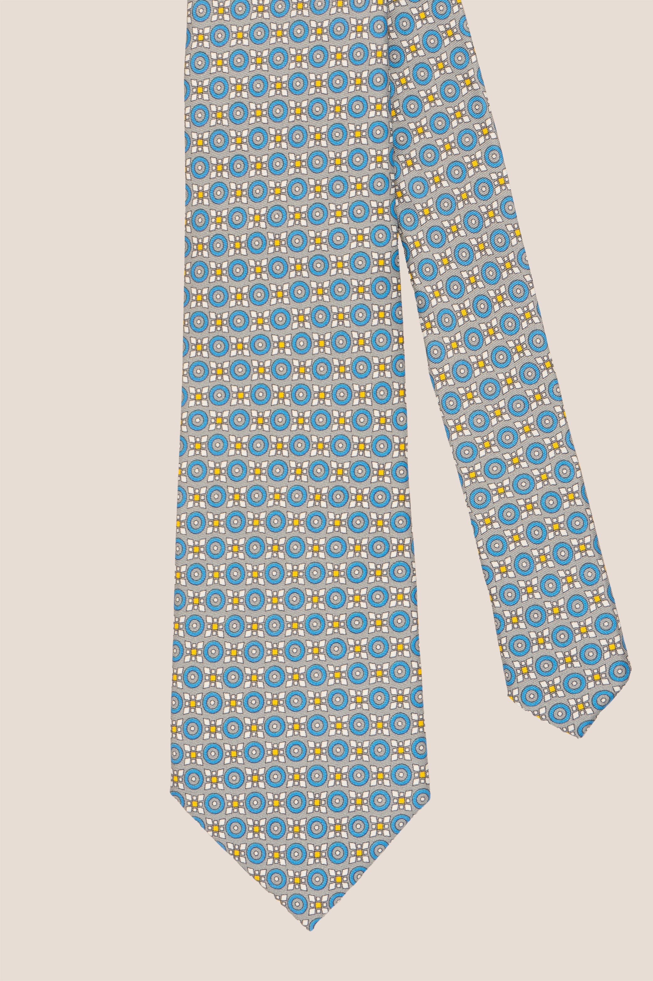 Blue Yellow Geometric Print Silk Tie