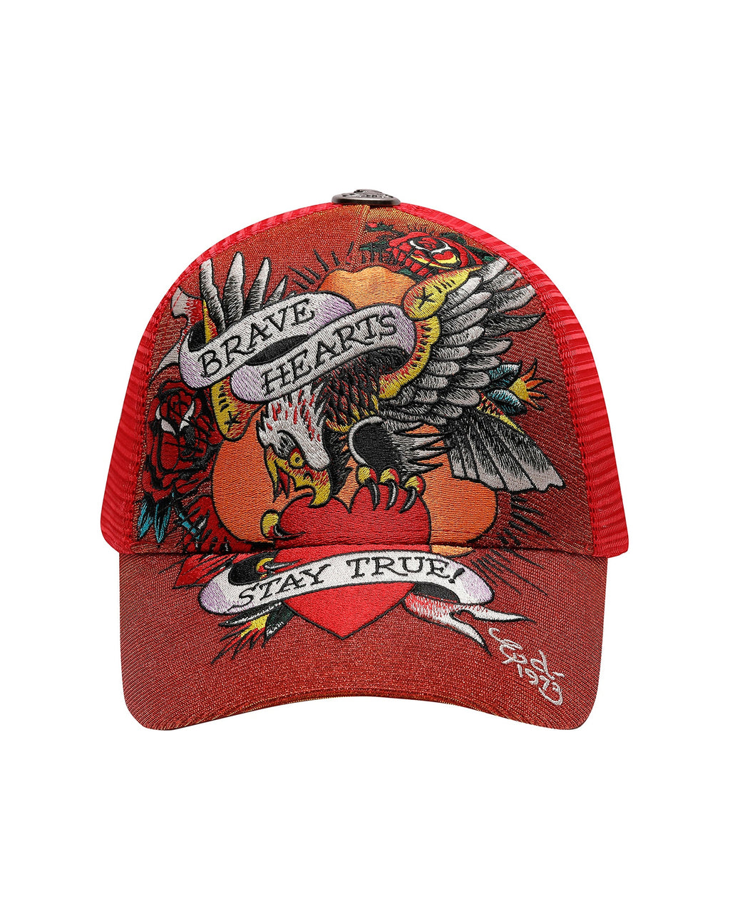 ED Hardy Brave Hearts 6 panel metallic RED Trucker Cap