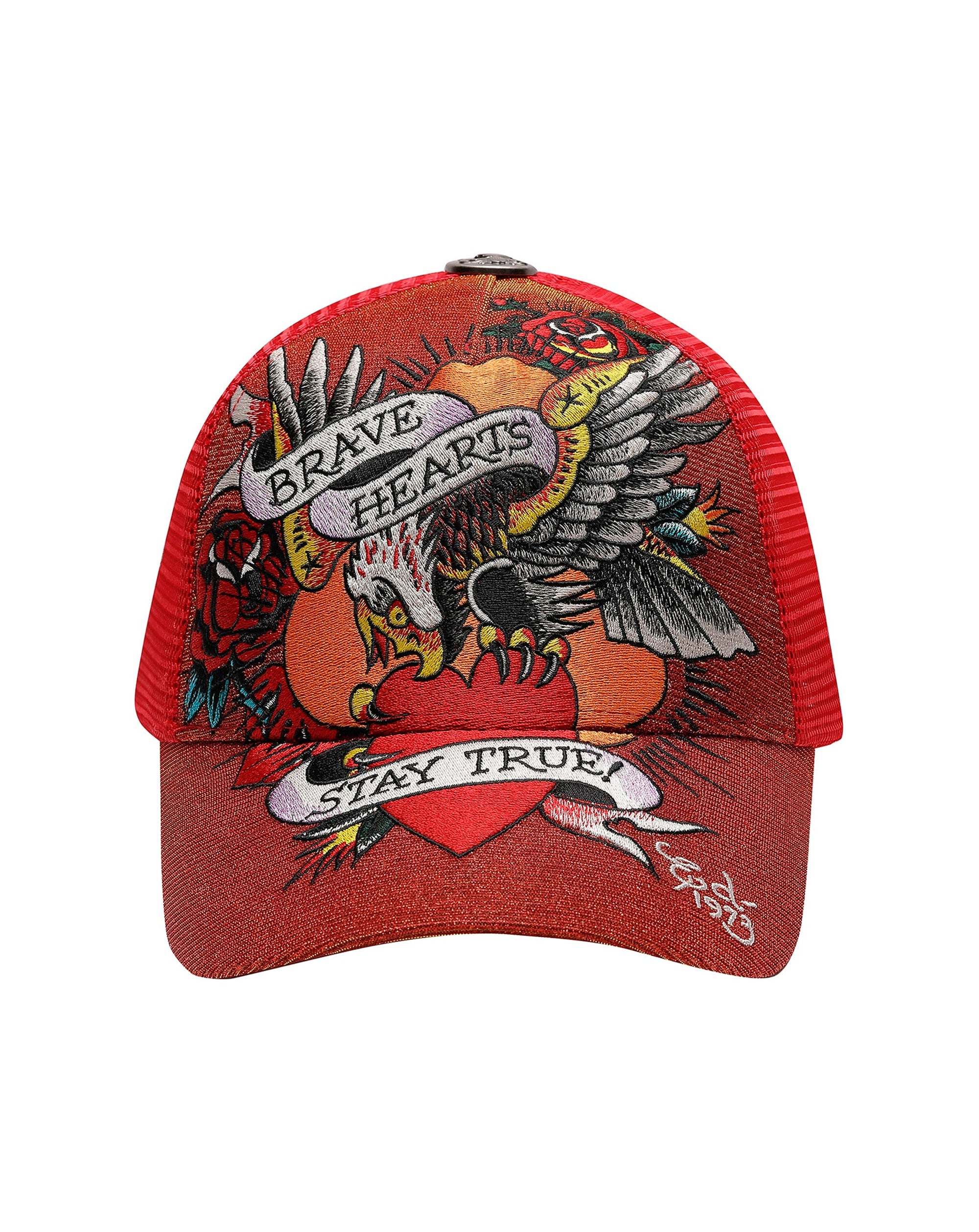 ED Hardy Brave Hearts 6 panel metallic RED Trucker Cap