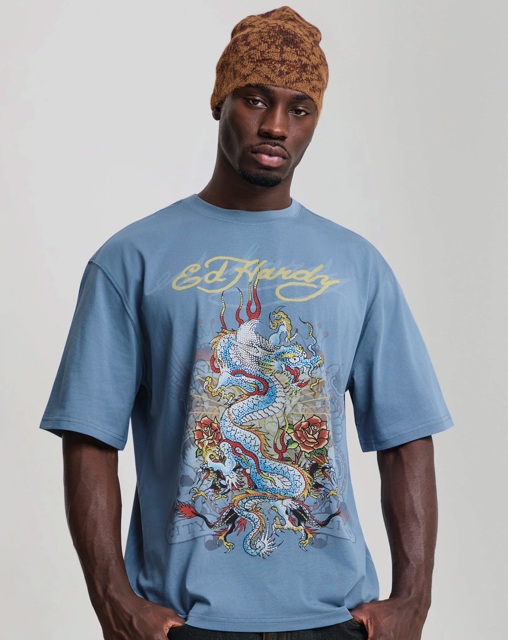 Ed Hardy City Diamante graphic relaxed t shirt BLUE