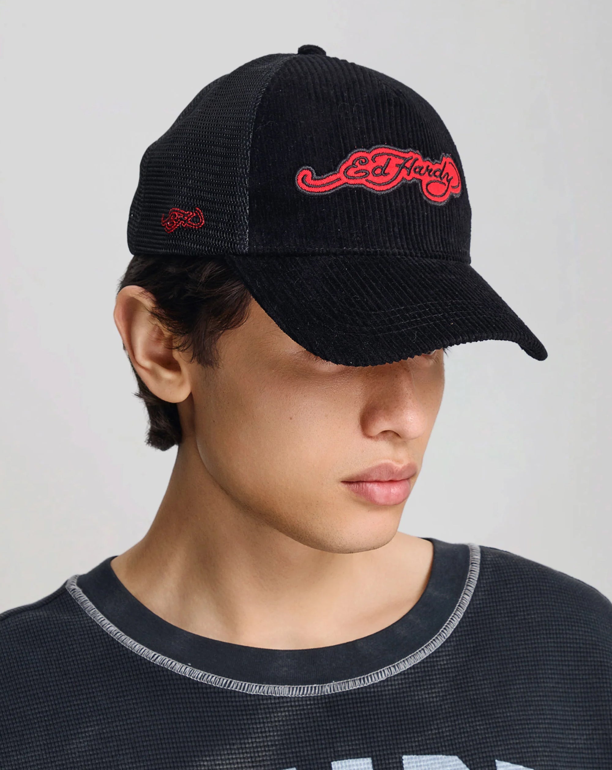 Ed Hardy embroidery applique cord 5 panel Trucker Cap BLACK