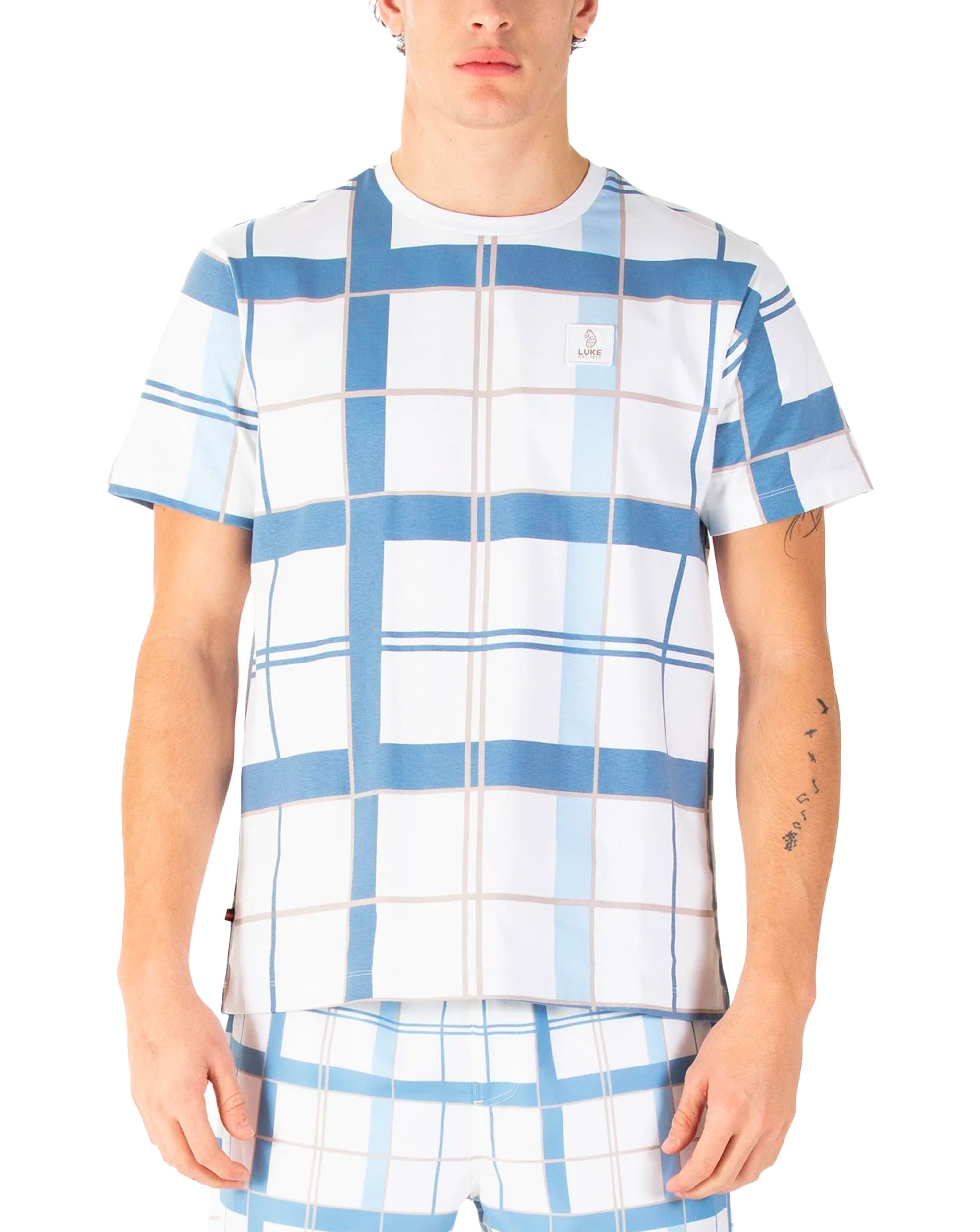 Luke Birdoswald Check T-shirt White Denim Blue