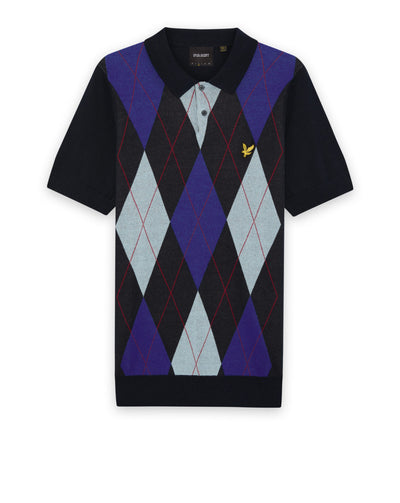 Lyle & Scott Archive Argyle Knitted SS Polo Shirt DARK NAVY