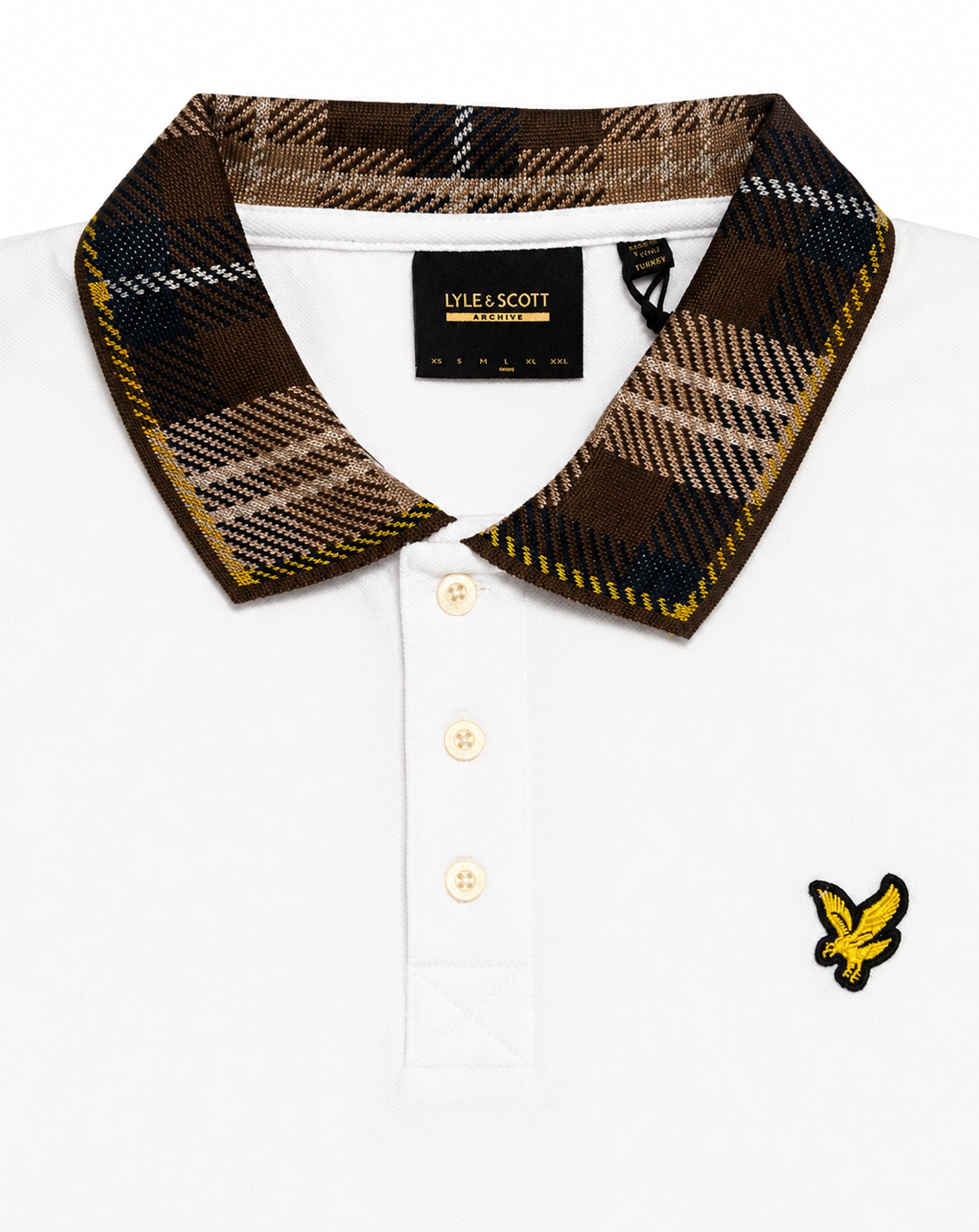 Lyle & Scott Archive Tartan collar polo shirt heritage inspired white/brown