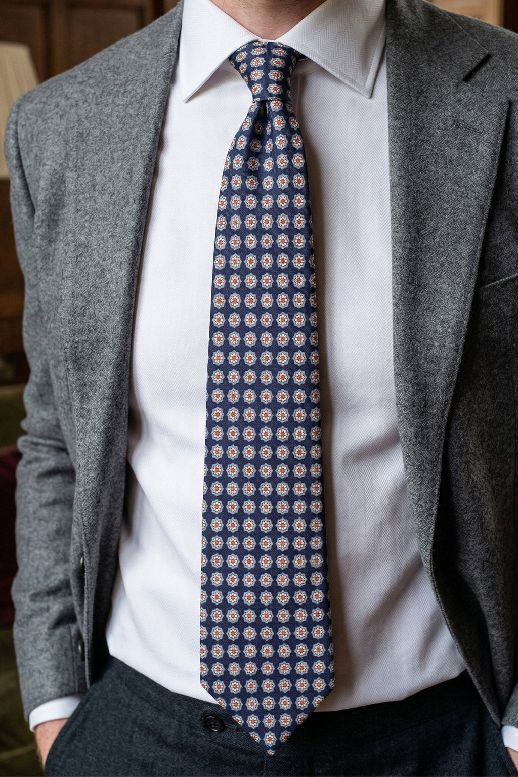 Navy Floral Print Silk Tie