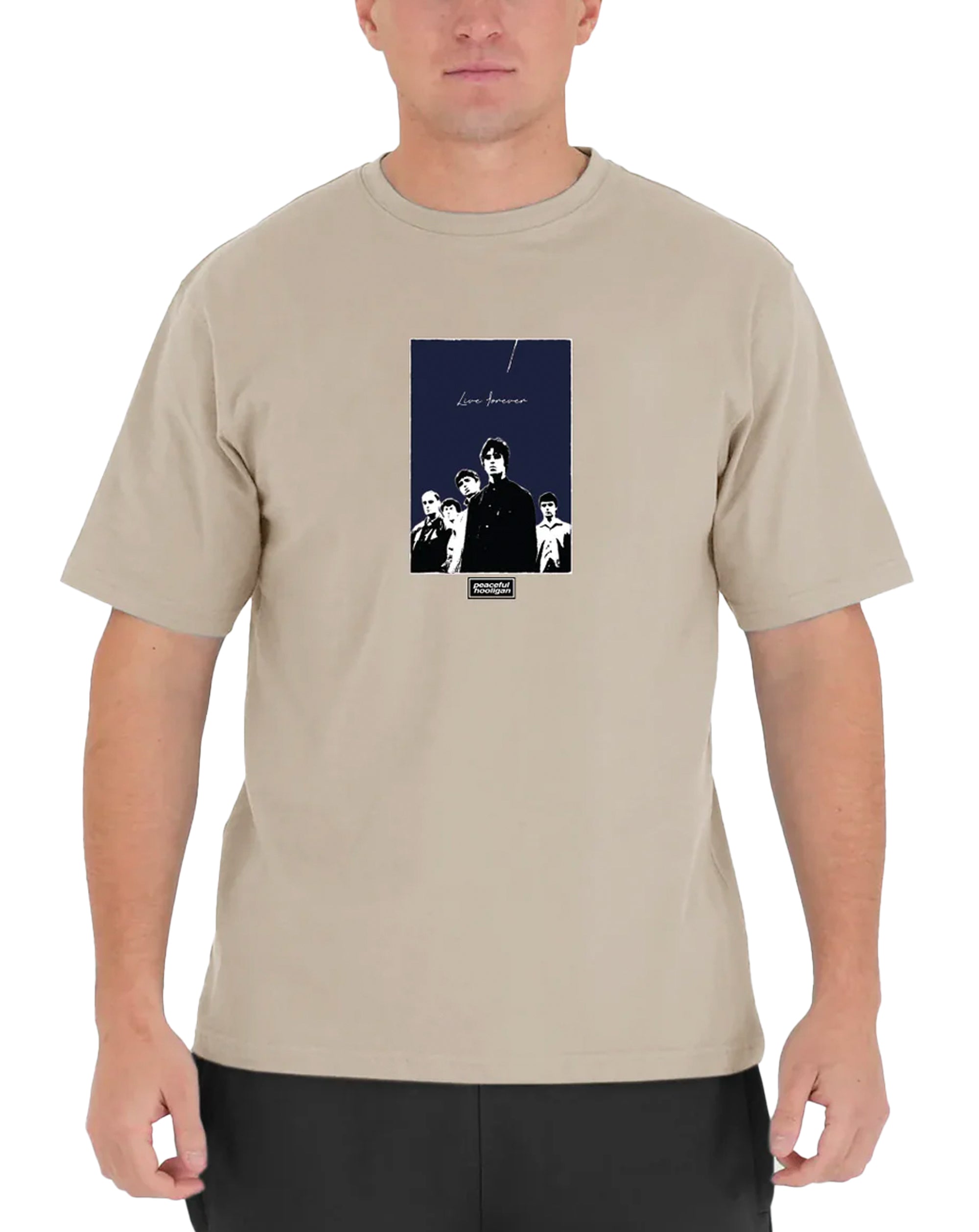 Peaceful Hooligan Oasis Live Forever T Shirt Stone