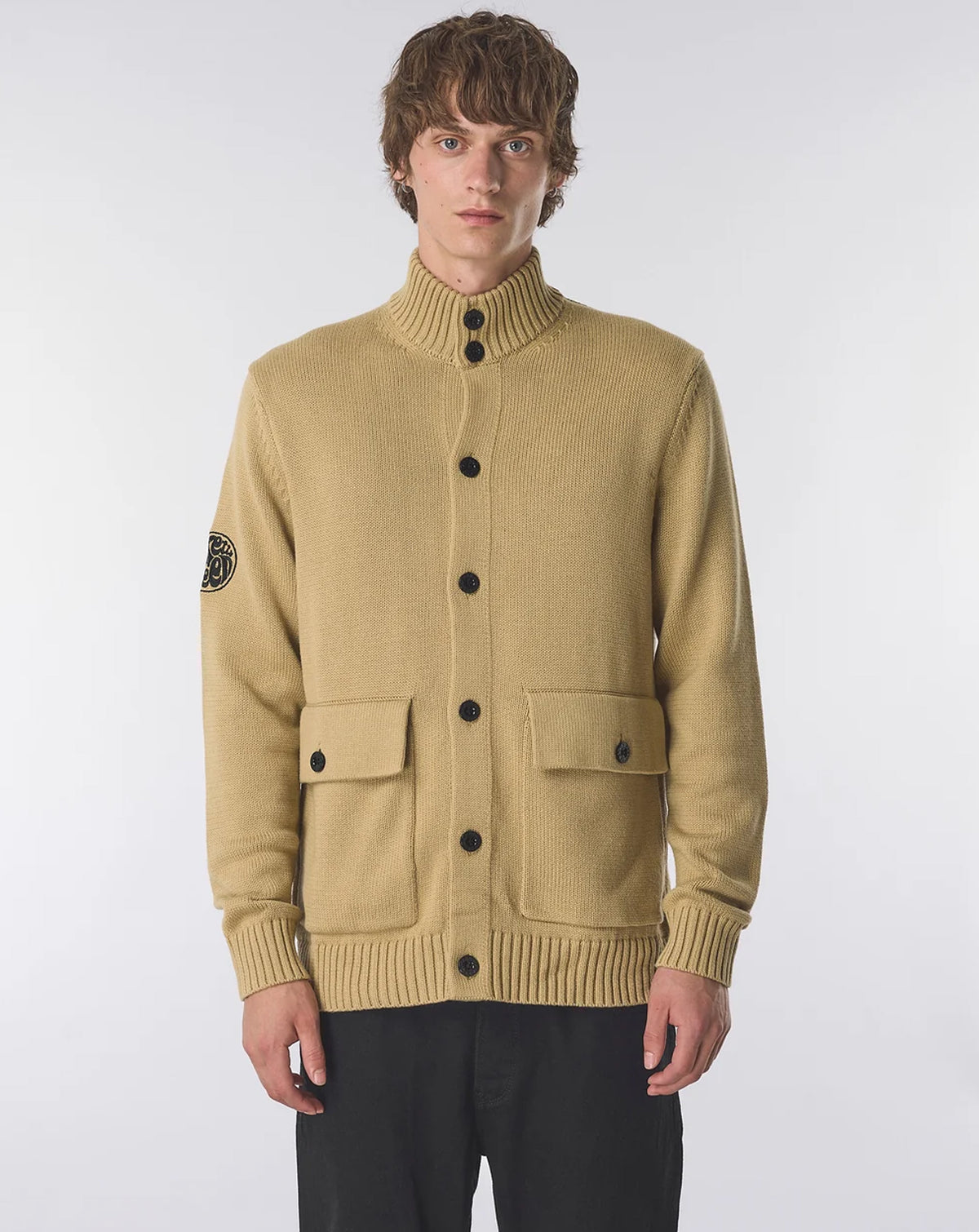 Pretty Green Funnel Neck Knitted Jacket CAMEL