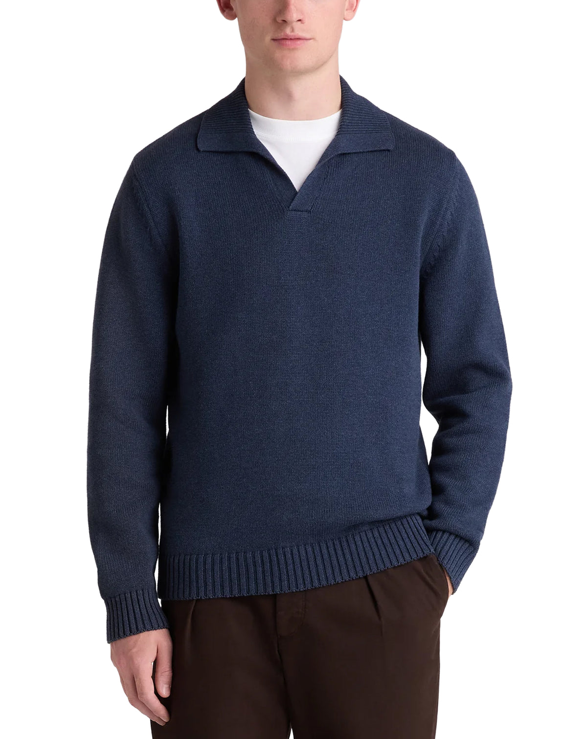 Remus Uomo Navy Collared V Neck Cotton Jumper