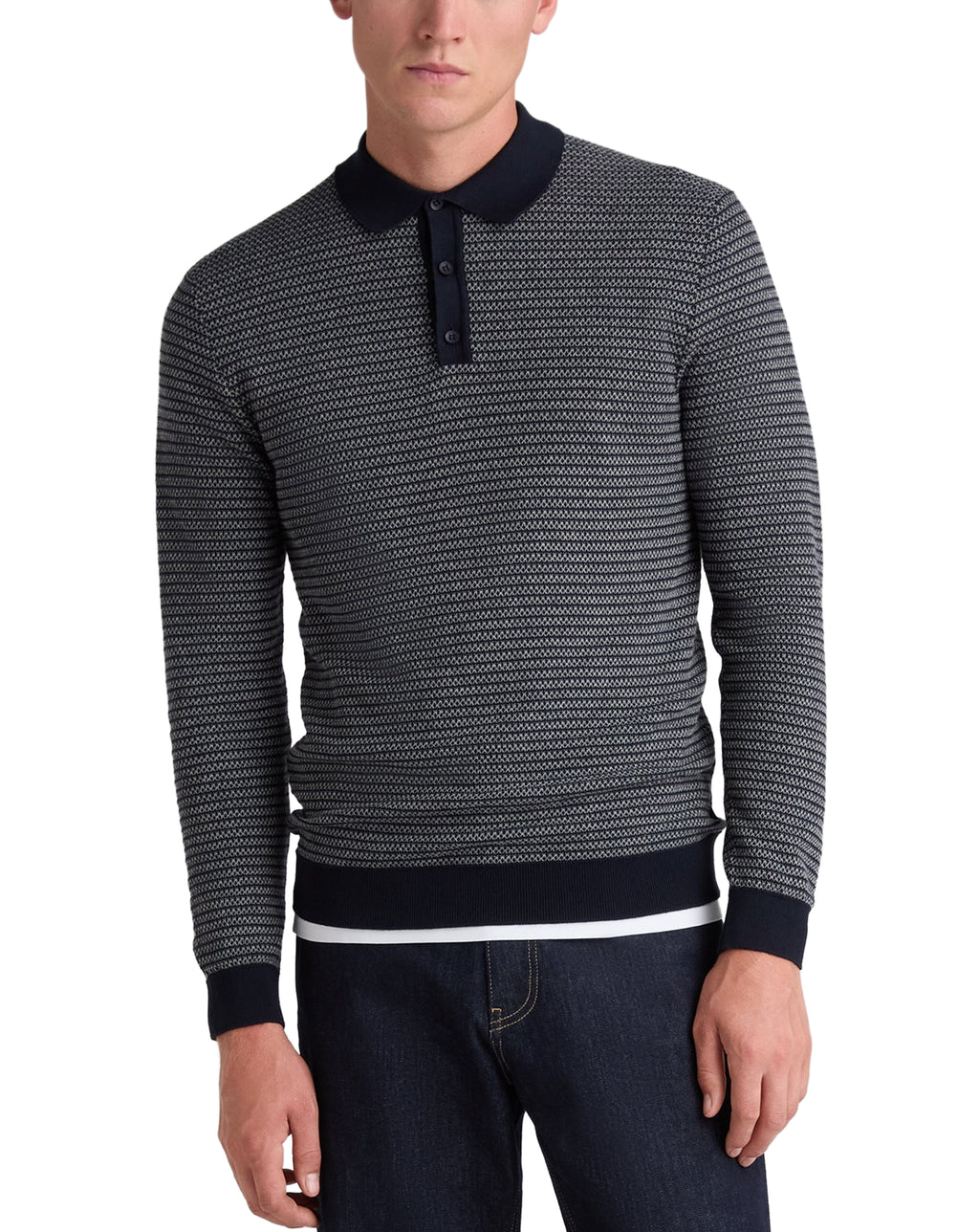 Remus Uomo Navy Textured Long Sleeve Cotton Polo