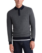 Remus Uomo Navy Textured Long Sleeve Cotton Polo
