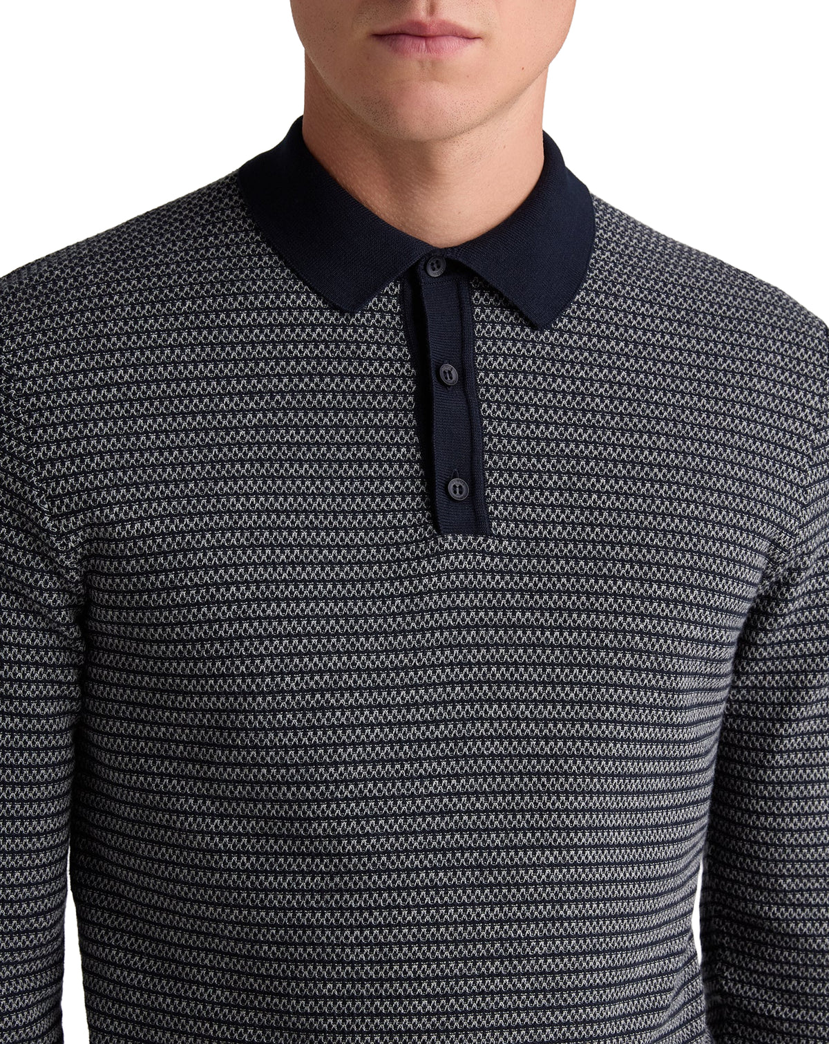 Remus Uomo Navy Textured Long Sleeve Cotton Polo