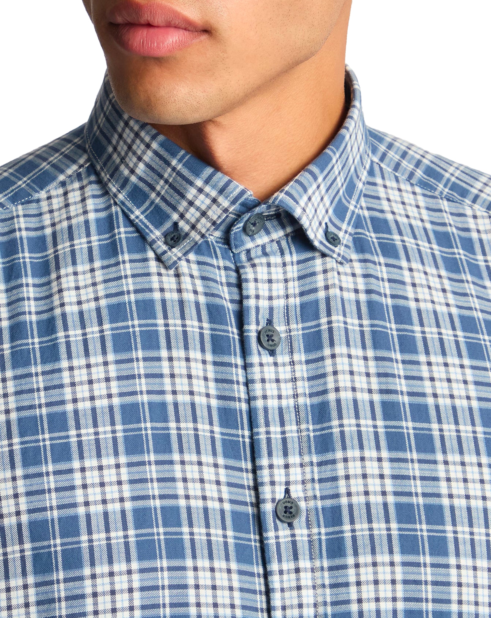 Remus Uomo Tapered Parker Long Sleeve Check Shirt Blue