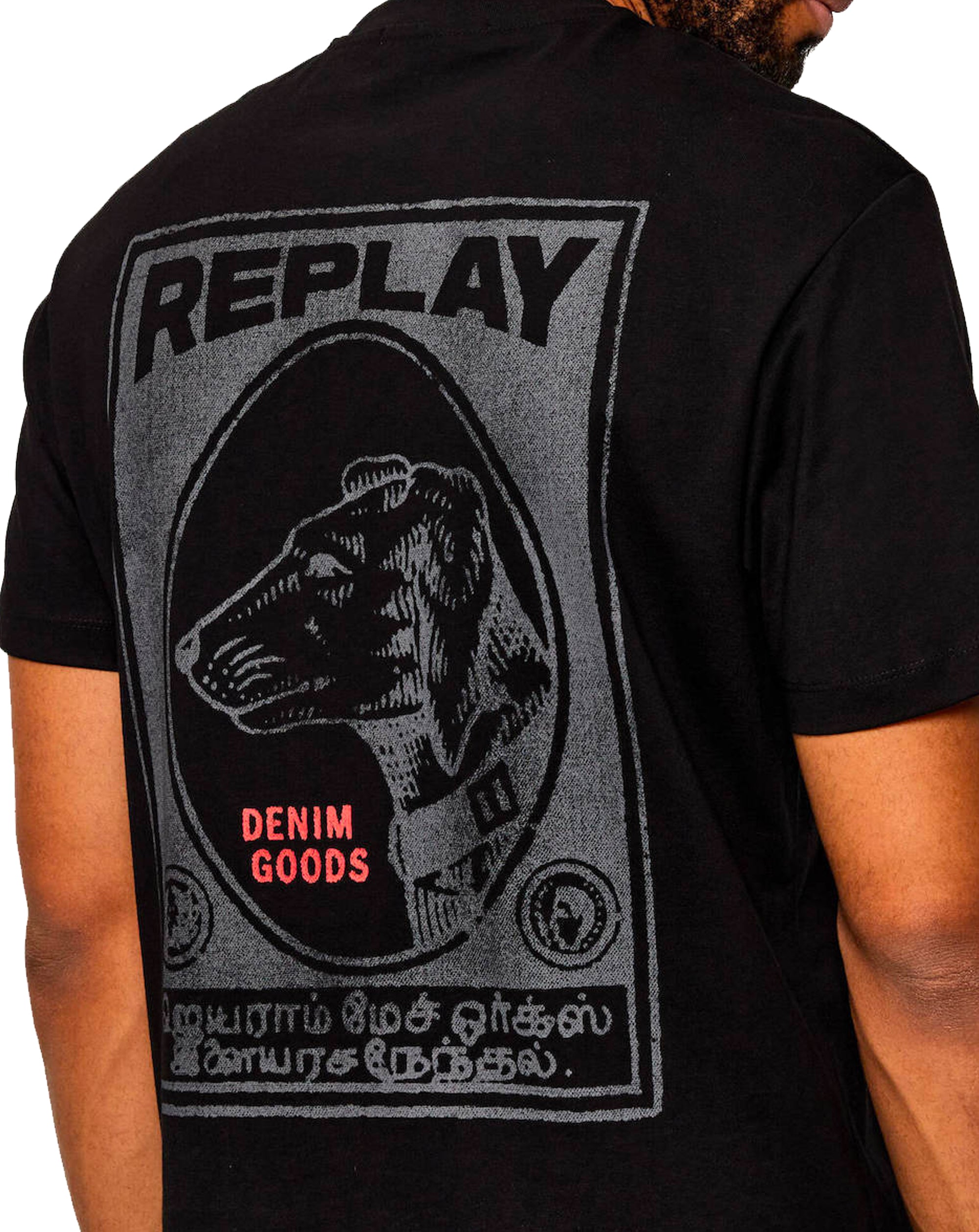 Replay Vintage Dog Print T Shirt Front And Back Print Black