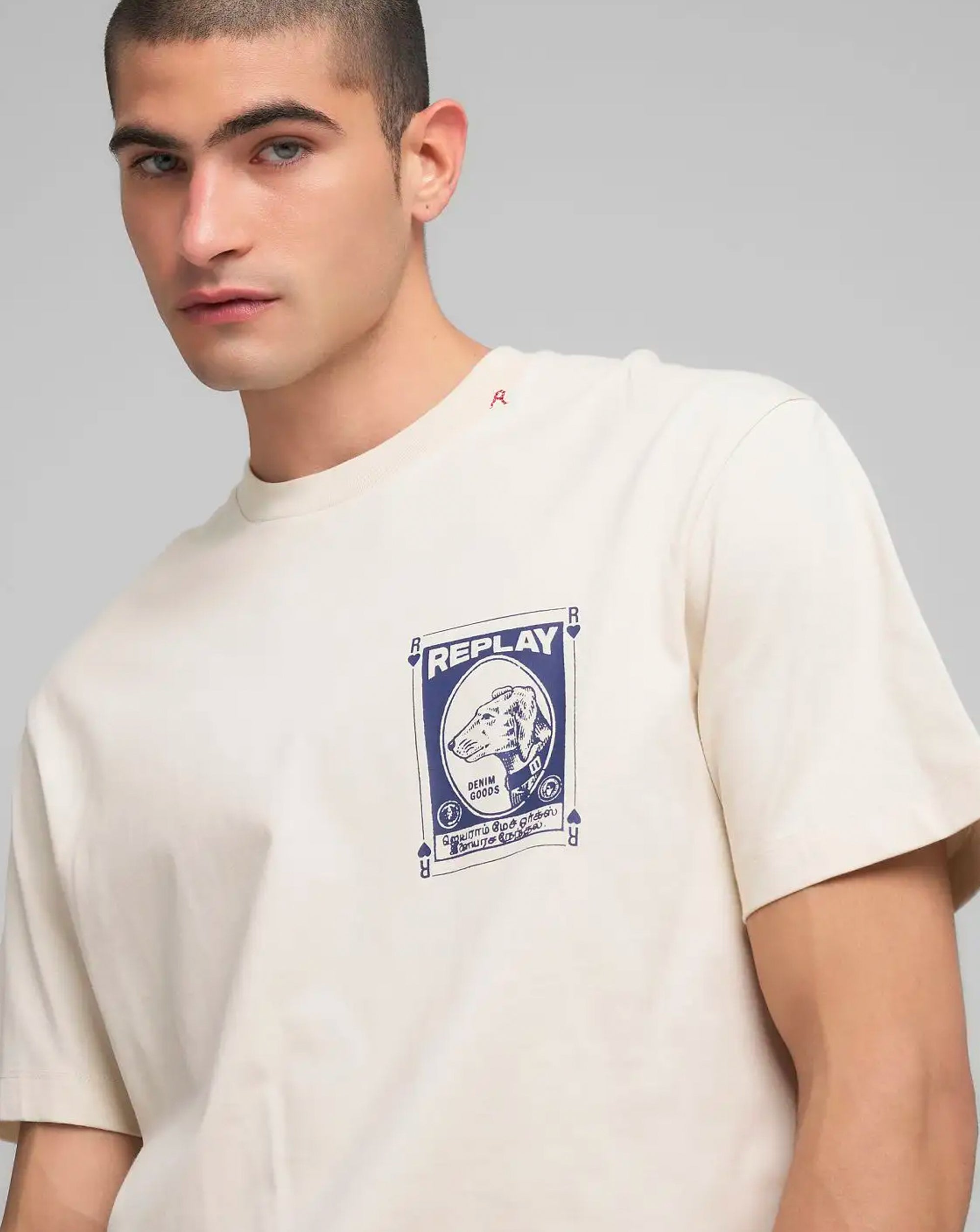 Replay Vintage Dog Print T Shirt Front And Back Print Ecru