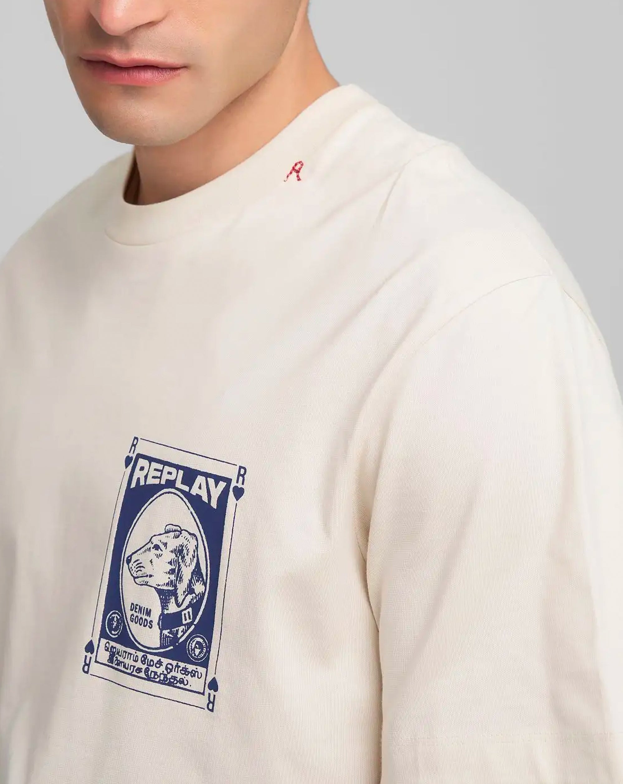 Replay Vintage Dog Print T Shirt Front And Back Print Ecru