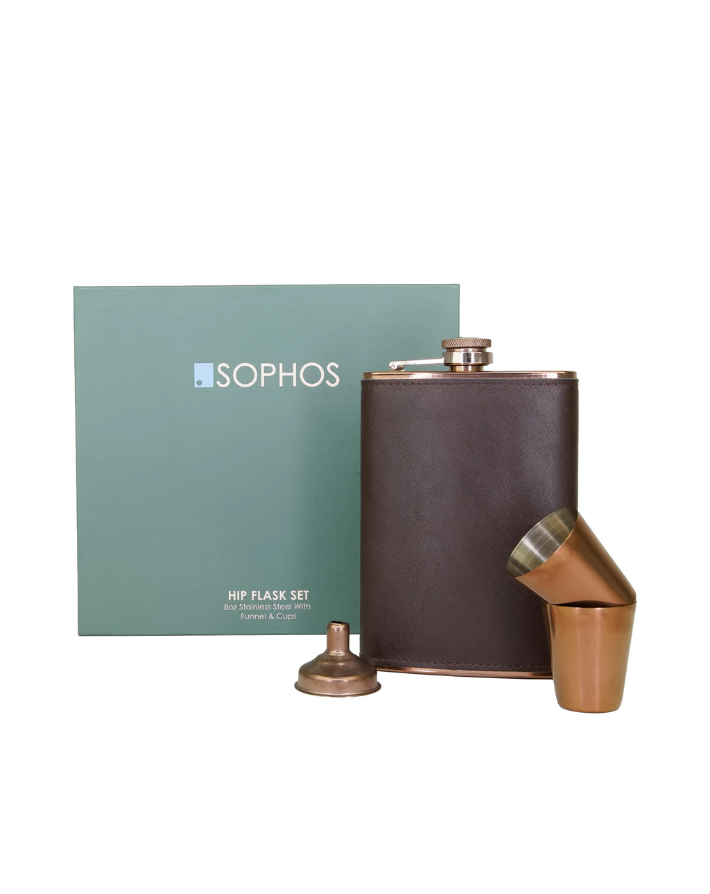 Sophos 4 Piece Copper Hip Flask Set 8oz BROWN