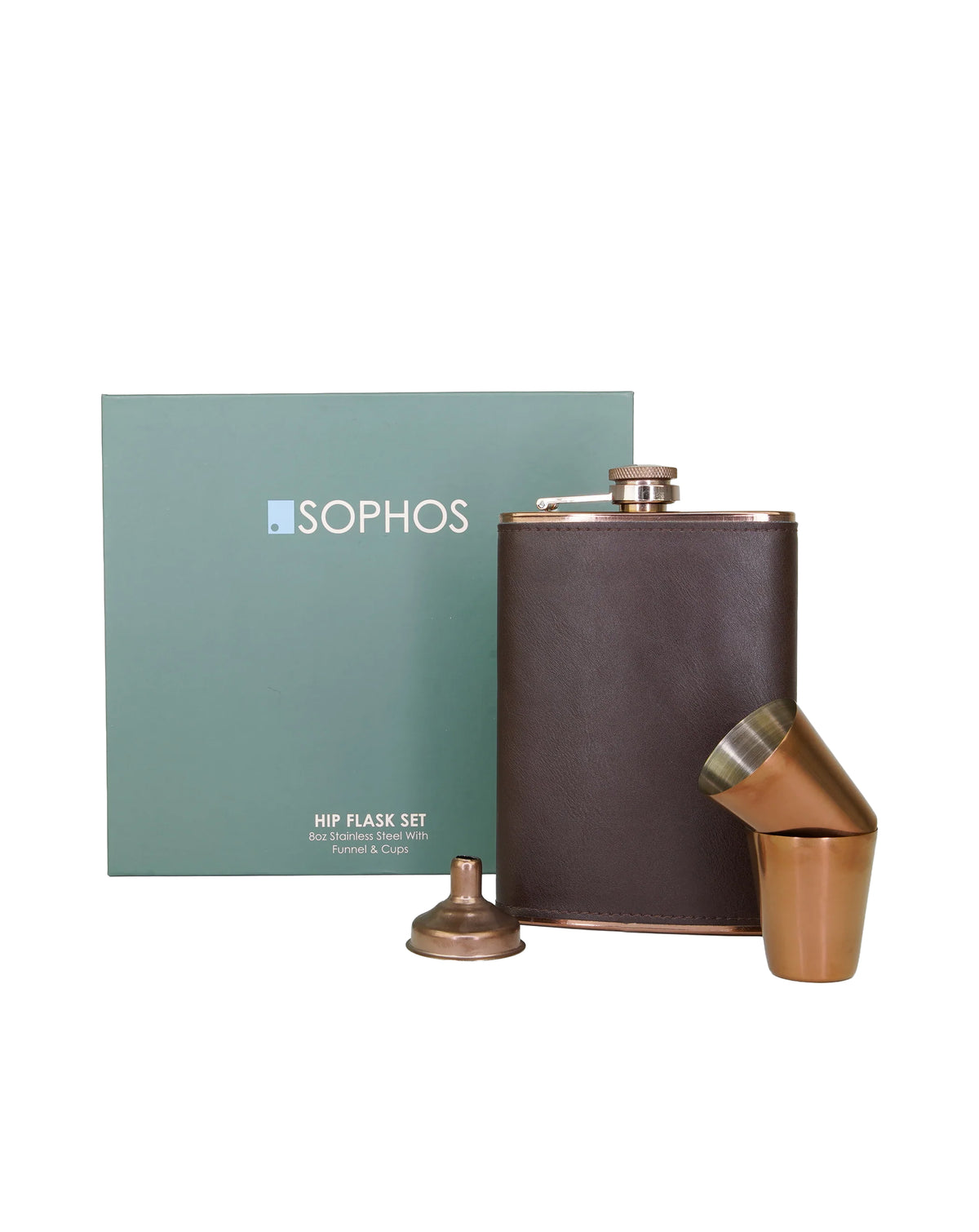 Sophos 4 Piece Copper Hip Flask Set 8oz BROWN