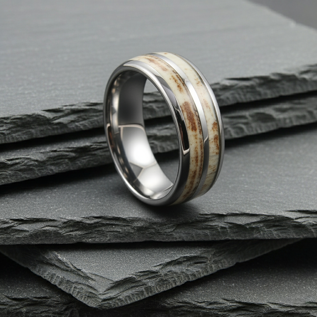 The Deneb - 8mm Polished Tungsten & Antler Inlay Ring