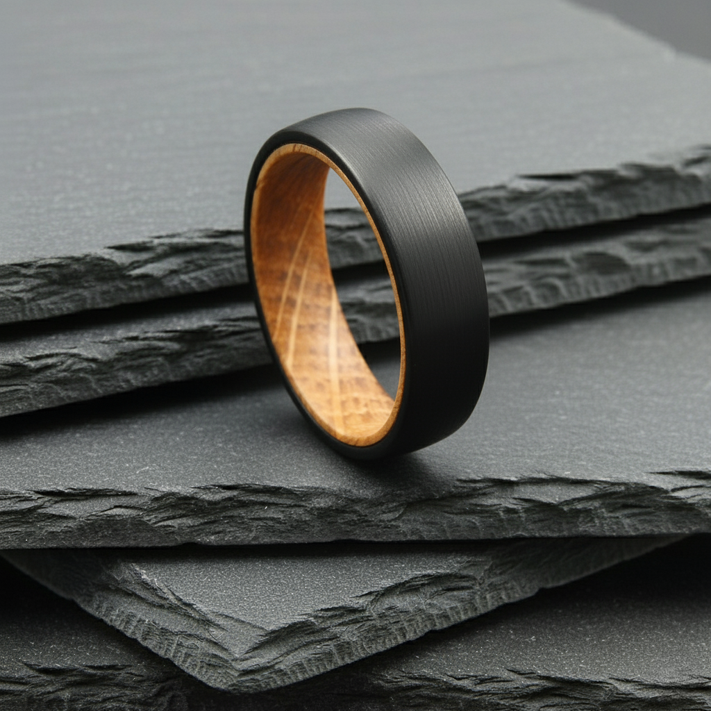 The Hercules - 6mm Brushed Black Tungsten & Whisky Barrel Wood Ring