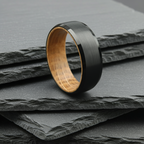 The Orion - 8mm Brushed Black Tungsten Bevelled Edge & Whisky Barrel Wood Ring