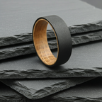 The Pegasus - 8mm Textured Black Tungsten & Whisky Barrel Wood Ring