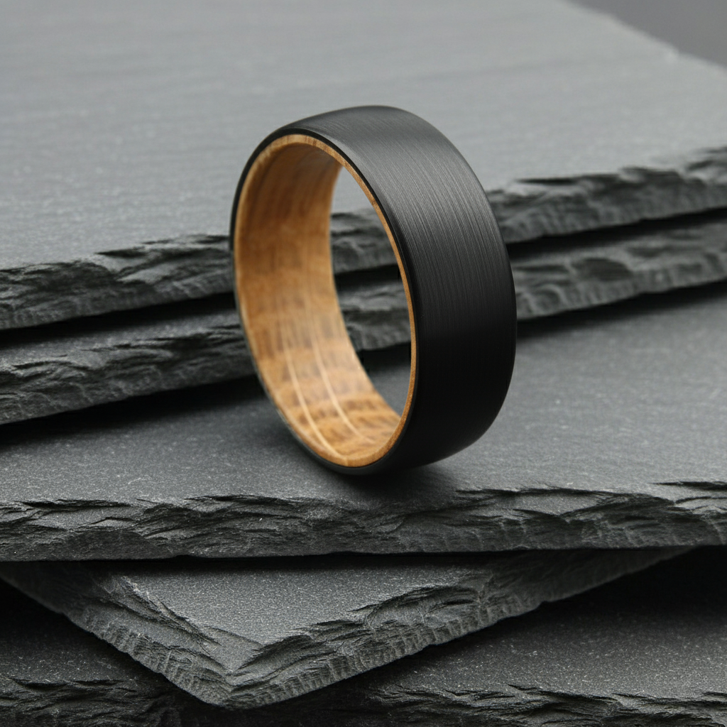 The Phoenix - 8mm Brushed Black Tungsten & Whisky Barrel Wood Ring