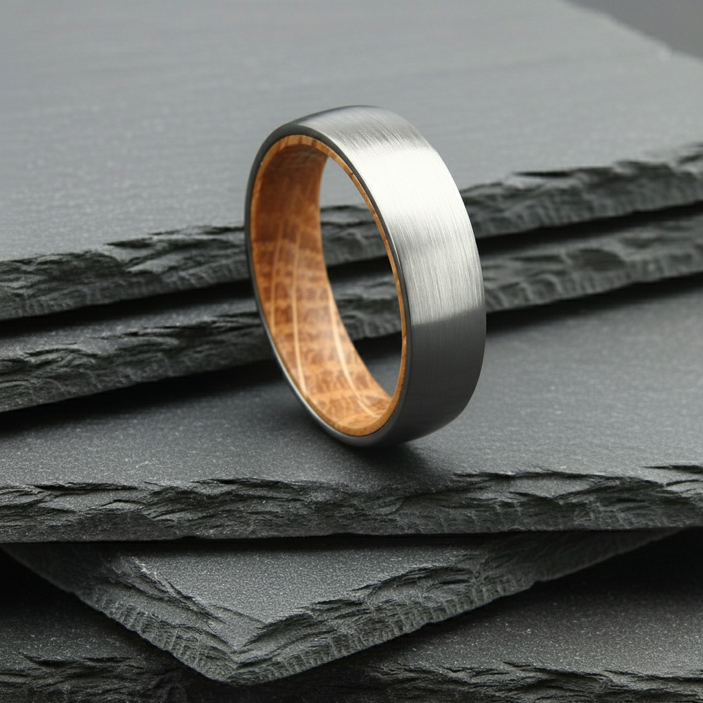The Sirius - 6mm Brushed Tungsten & Whisky Barrel Wood Ring