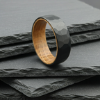 The Vega - 8mm Black Brushed Hammered Tungsten & Whisky Barrel Wood Ring