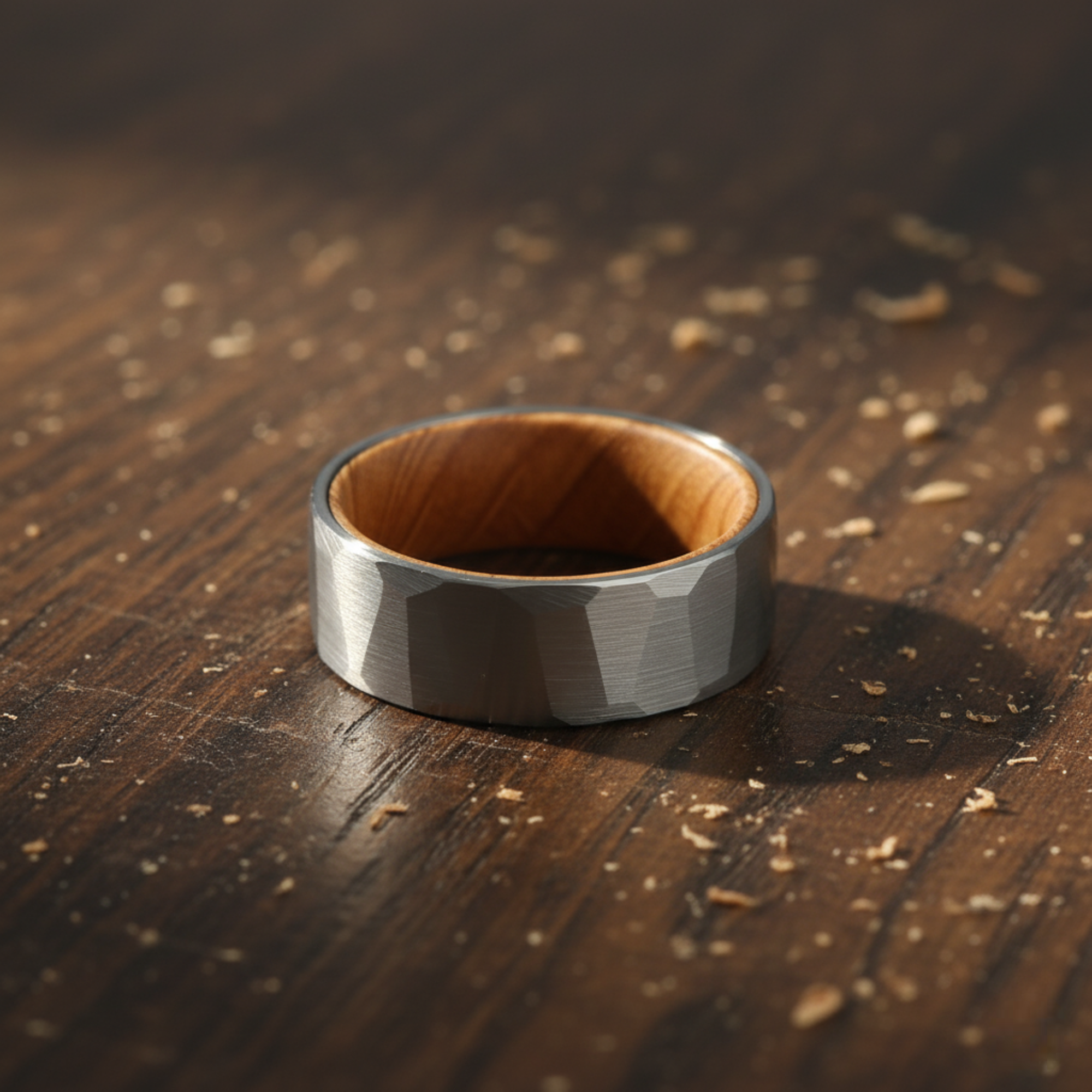 The Leo - 8mm Brushed Hammered Tungsten & Whisky Barrel Wood Ring