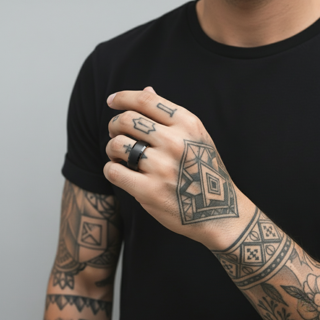 The Orion - 8mm Brushed Black Tungsten Bevelled Edge & Whisky Barrel Wood Ring