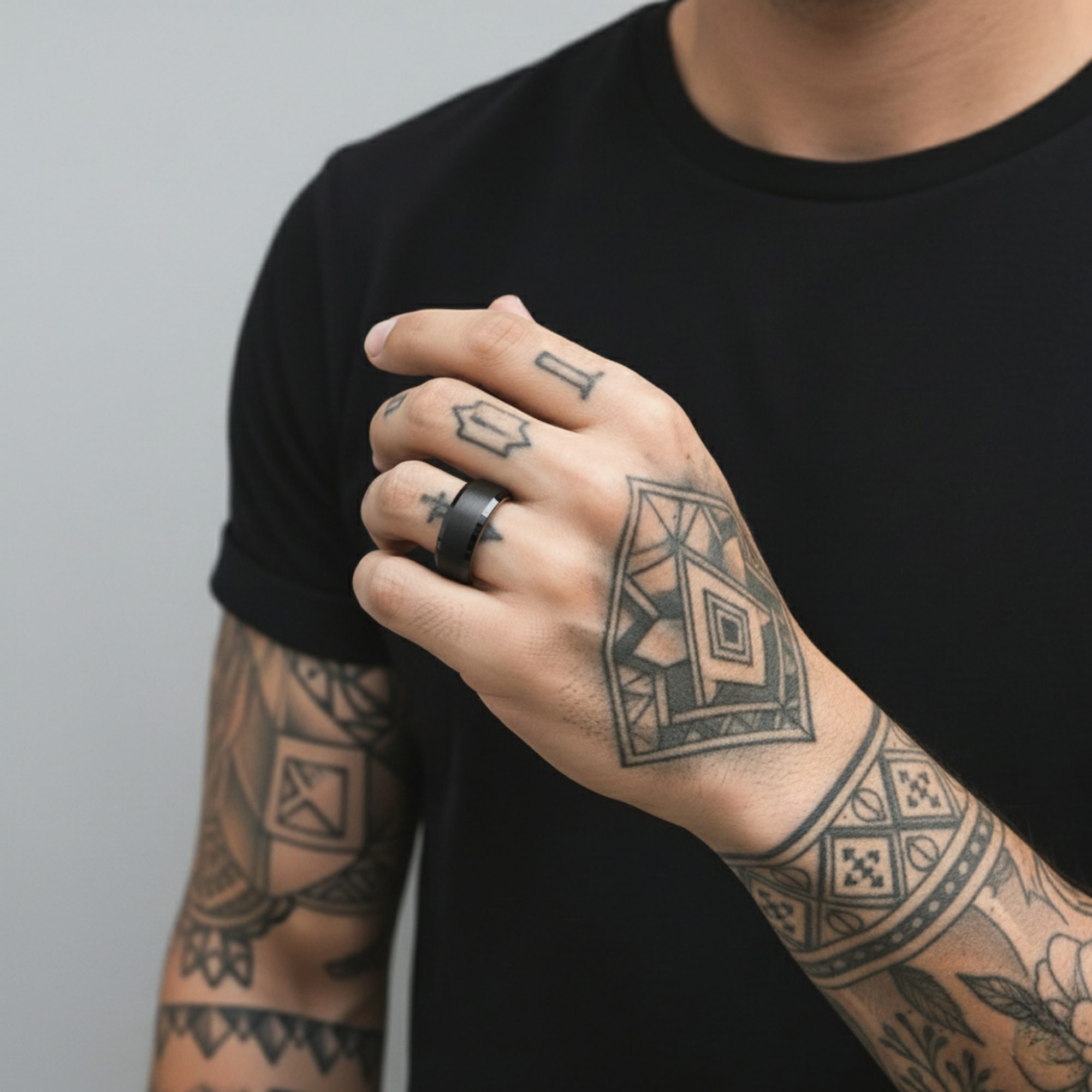 The Orion - 8mm Brushed Black Tungsten Bevelled Edge & Whisky Barrel Wood Ring