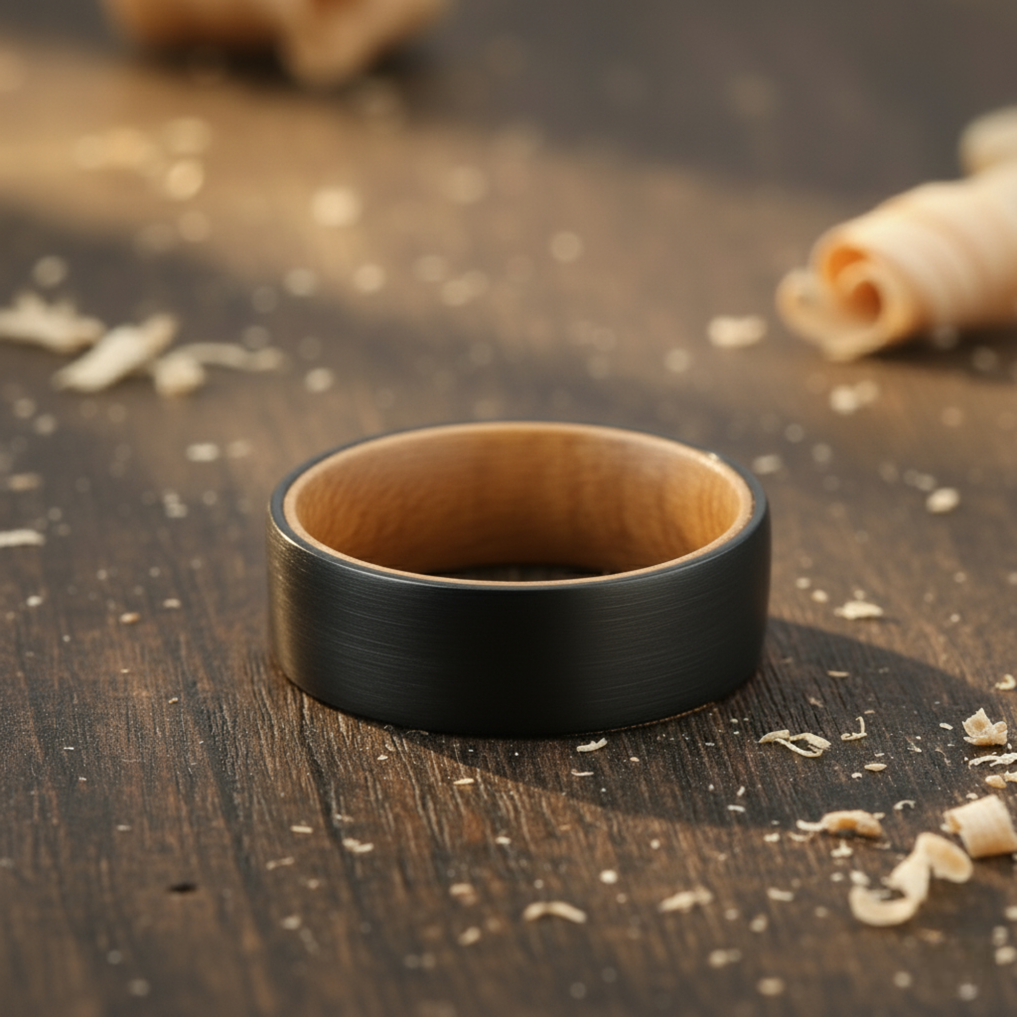 The Phoenix - 8mm Brushed Black Tungsten & Whisky Barrel Wood Ring