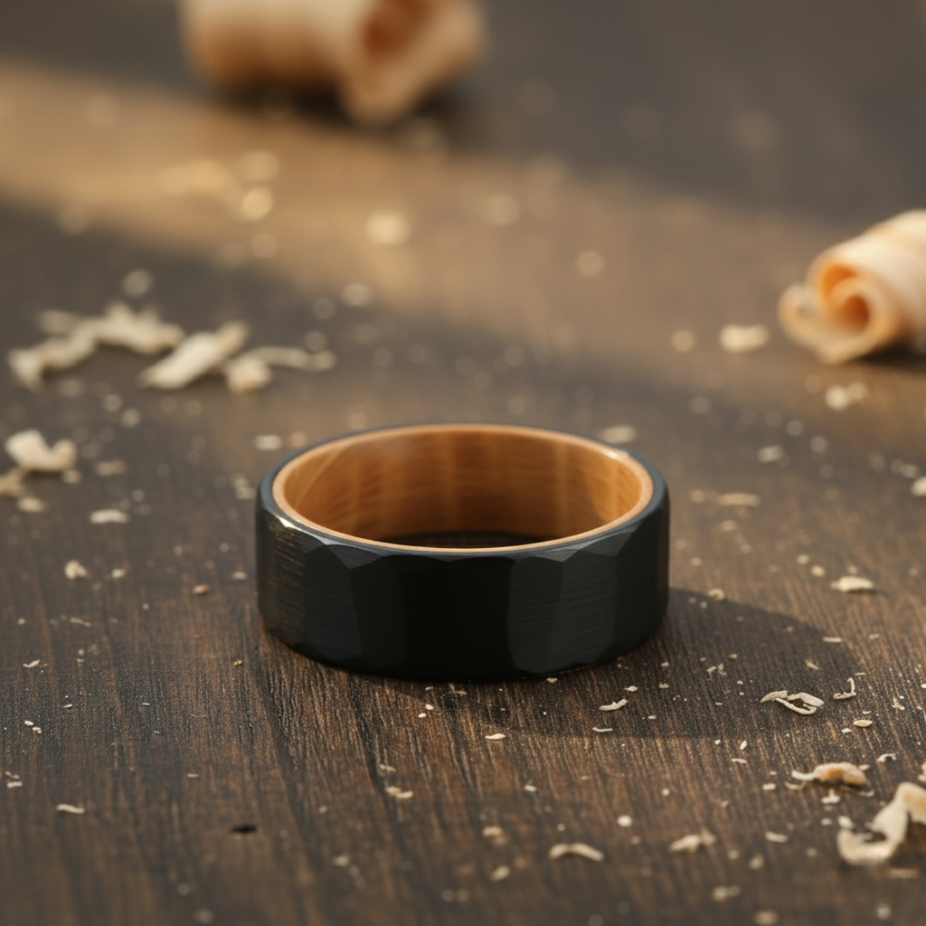 The Vega - 8mm Black Brushed Hammered Tungsten & Whisky Barrel Wood Ring