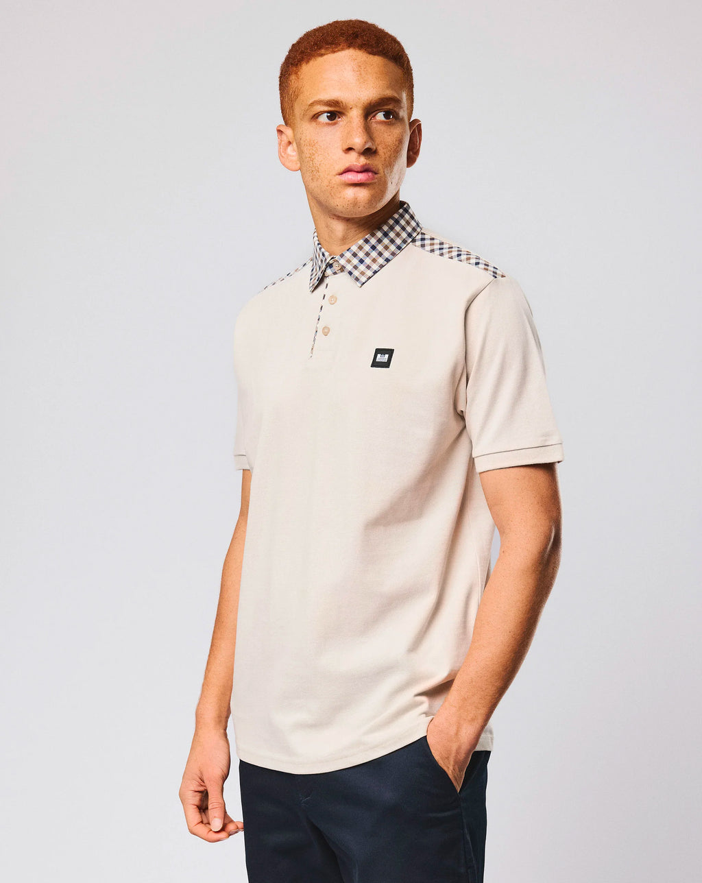 Weekend Offender Costa Mid House Check Collar Polo CEMENT