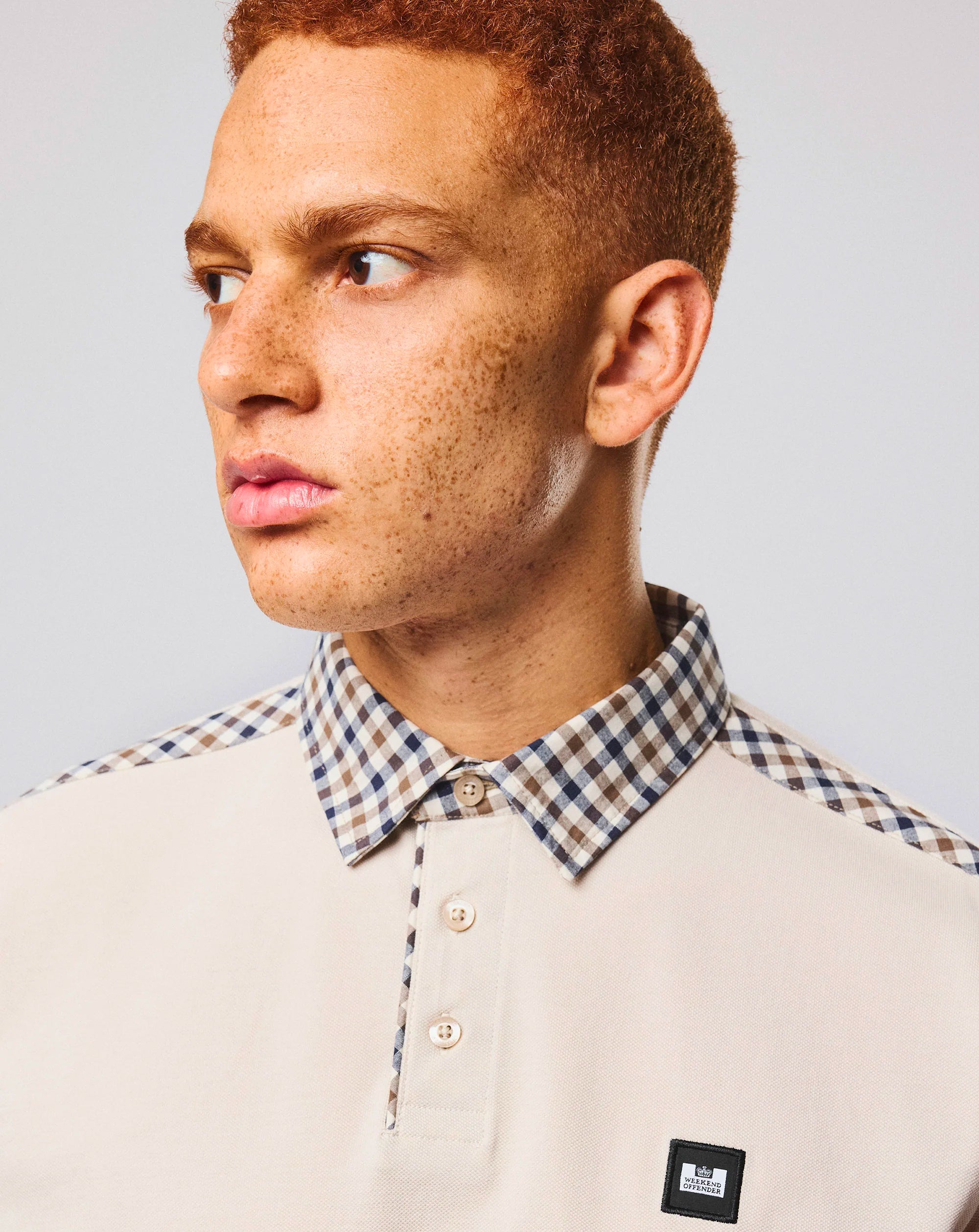 Weekend Offender Costa Mid House Check Collar Polo CEMENT