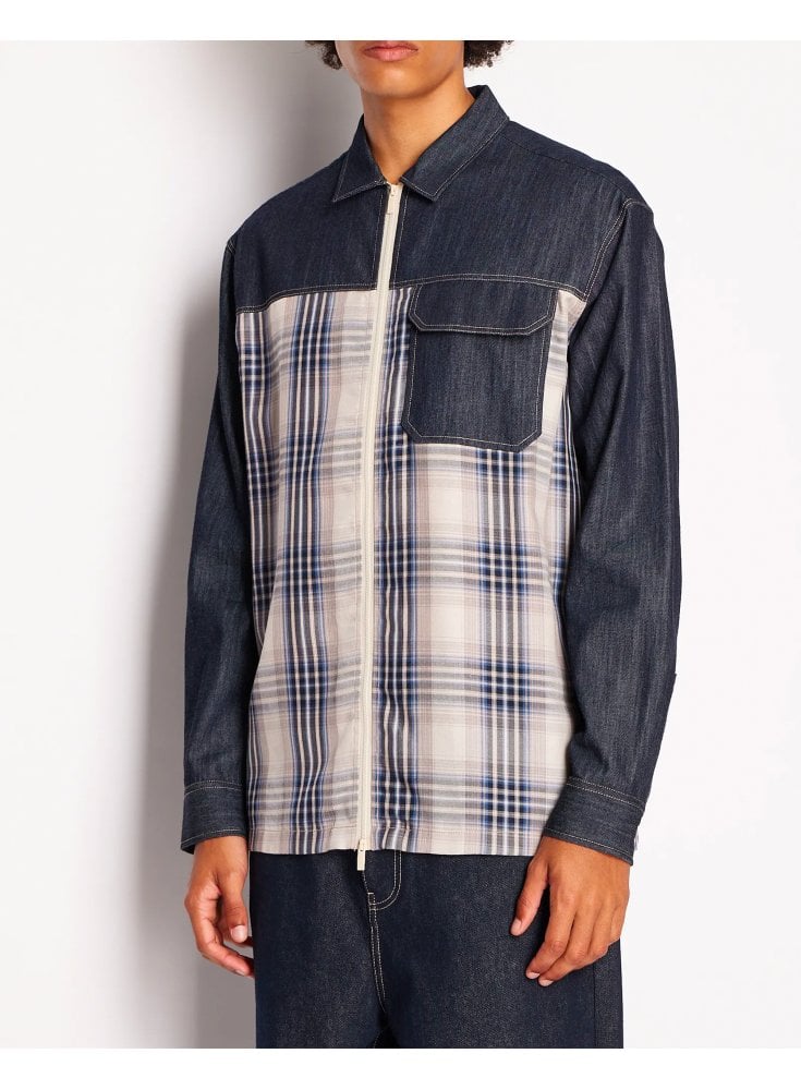 Armani Exchange Man Check Denim Shirt Indigo Denim/check