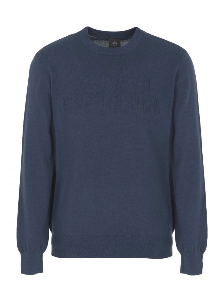 Armani Exchange Man Knitted Pullover Tonal Brandin Navy