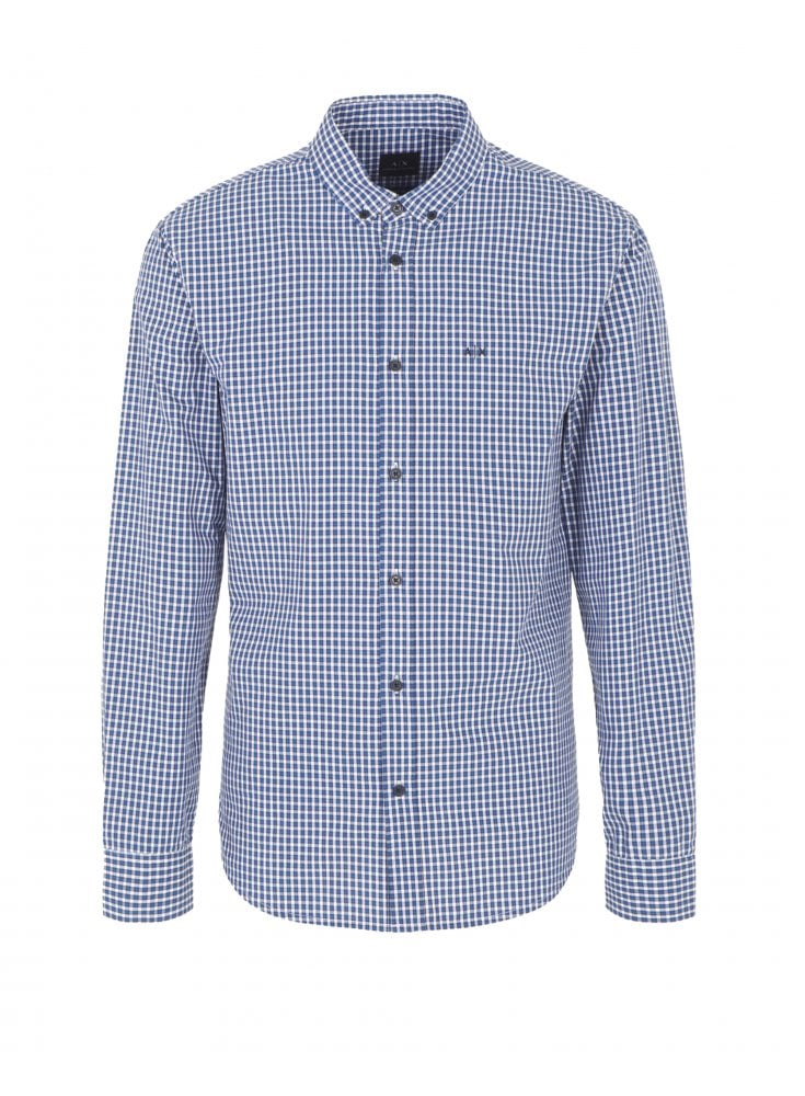 Armani Exchange Woven Micro Gingham Shirt White Blue