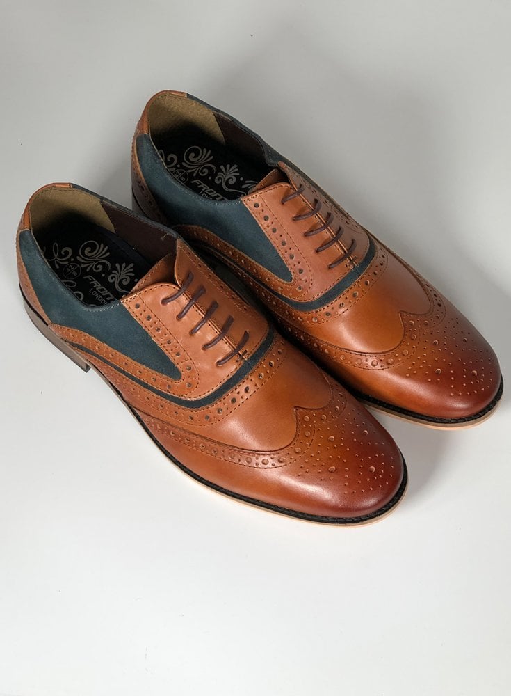 Front Mens Brogue Shoe Spencer Leather and Suede Tan/navy