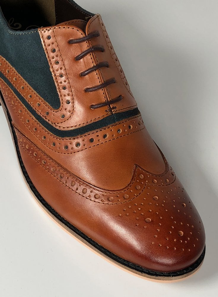 Front Mens Brogue Shoe Spencer Leather and Suede Tan/navy